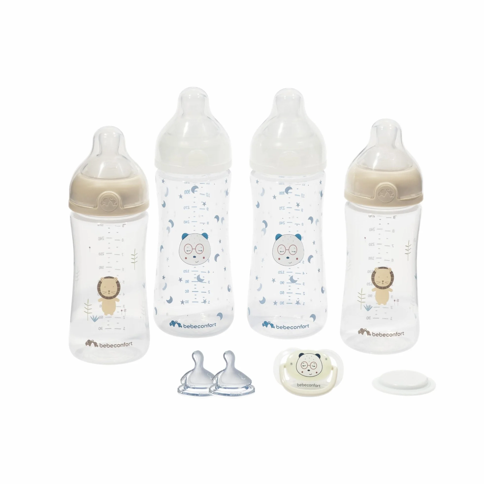 Bebeconfort Kit Biberon Neonato Physio Air Cresce-con-Me, Biberon Anticolica, 0+ mesi, Include 4 Biberon Neonato, 3 Misure di Tettarelle, Succhietto Anatomico, Design che si illumina al buio