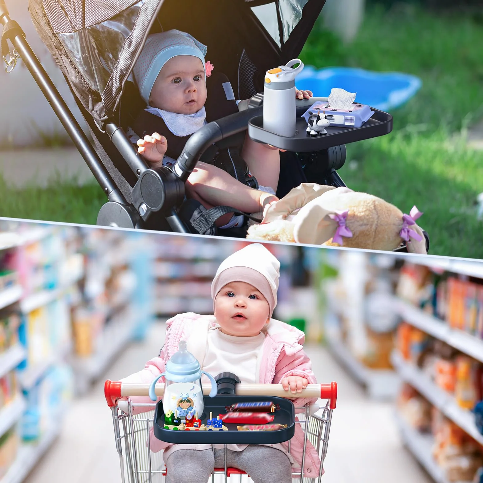 KDD Vassoio per Passeggino Universale, 2 in 1 Vassoio per Snack per Passeggino con Portabicchier, Porta Biberon per Passeggino a Installazione Rapida, Accessori Passeggino per Baby Jogger, Britax, BOB