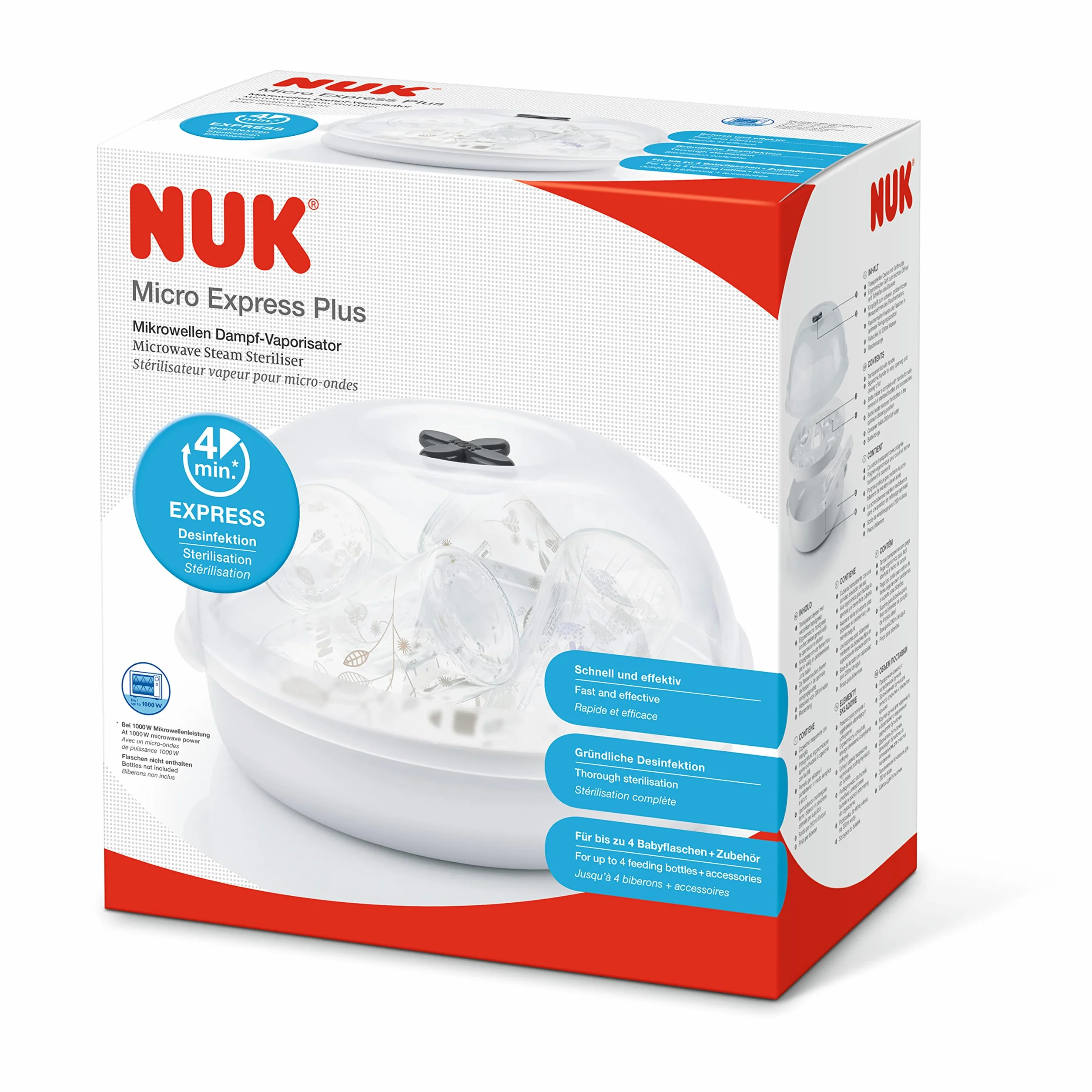 NUK Micro Express Plus sterilizzatore biberon per microonde | Sterilizza fino a 4 biberon e accessori in 4 minuti | Compatibile con gran parte dei microonde | Pinze per rimozione igienica