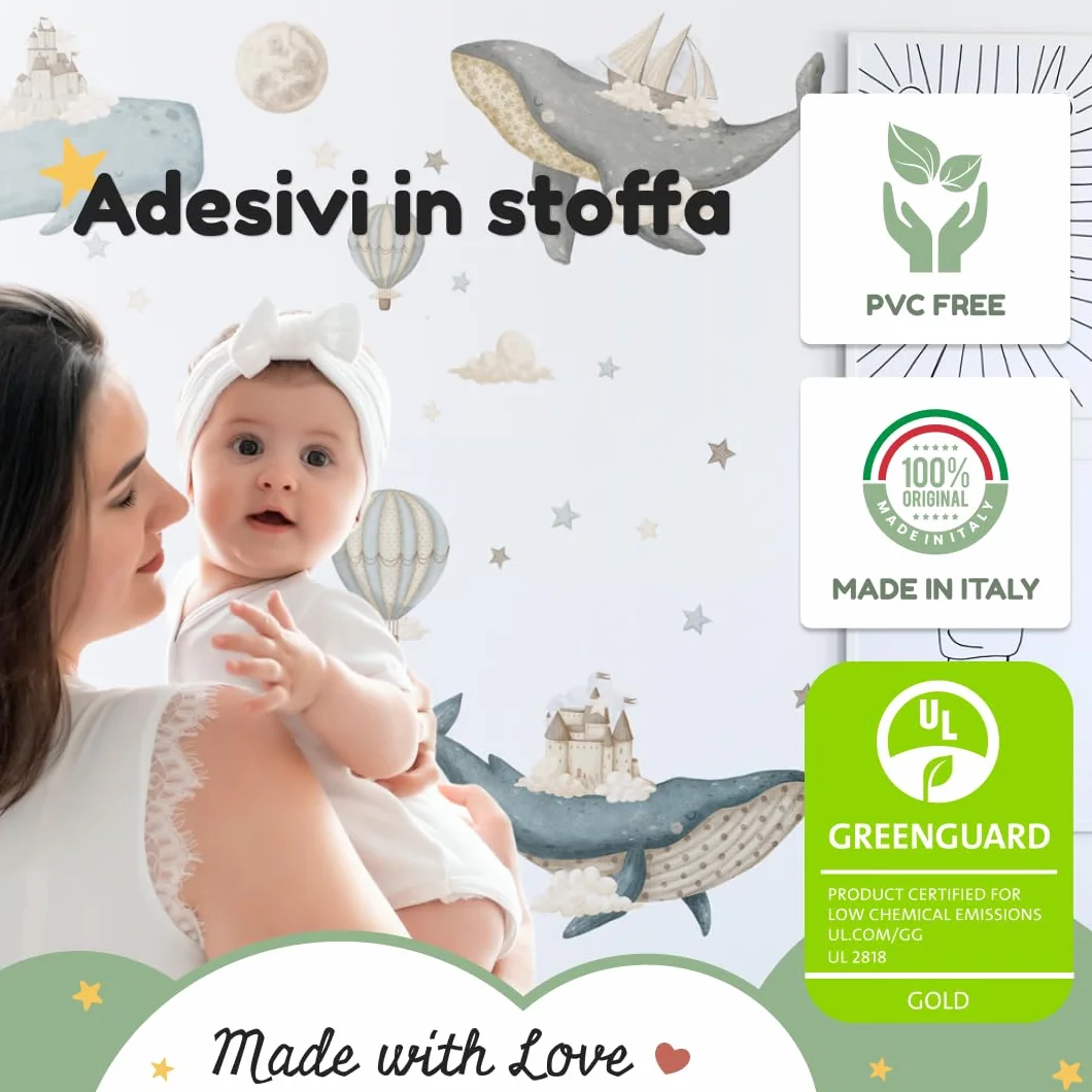 kina - Adesivo Murale Bambini Decorazione Parete Cameretta R00801 - Materiale Eco-Tessuto, Ecologico Anallergico, Riposizionabile, Effetto Carezza, Asilo Nido - Grafica Mare e Misura 120x40 cm
