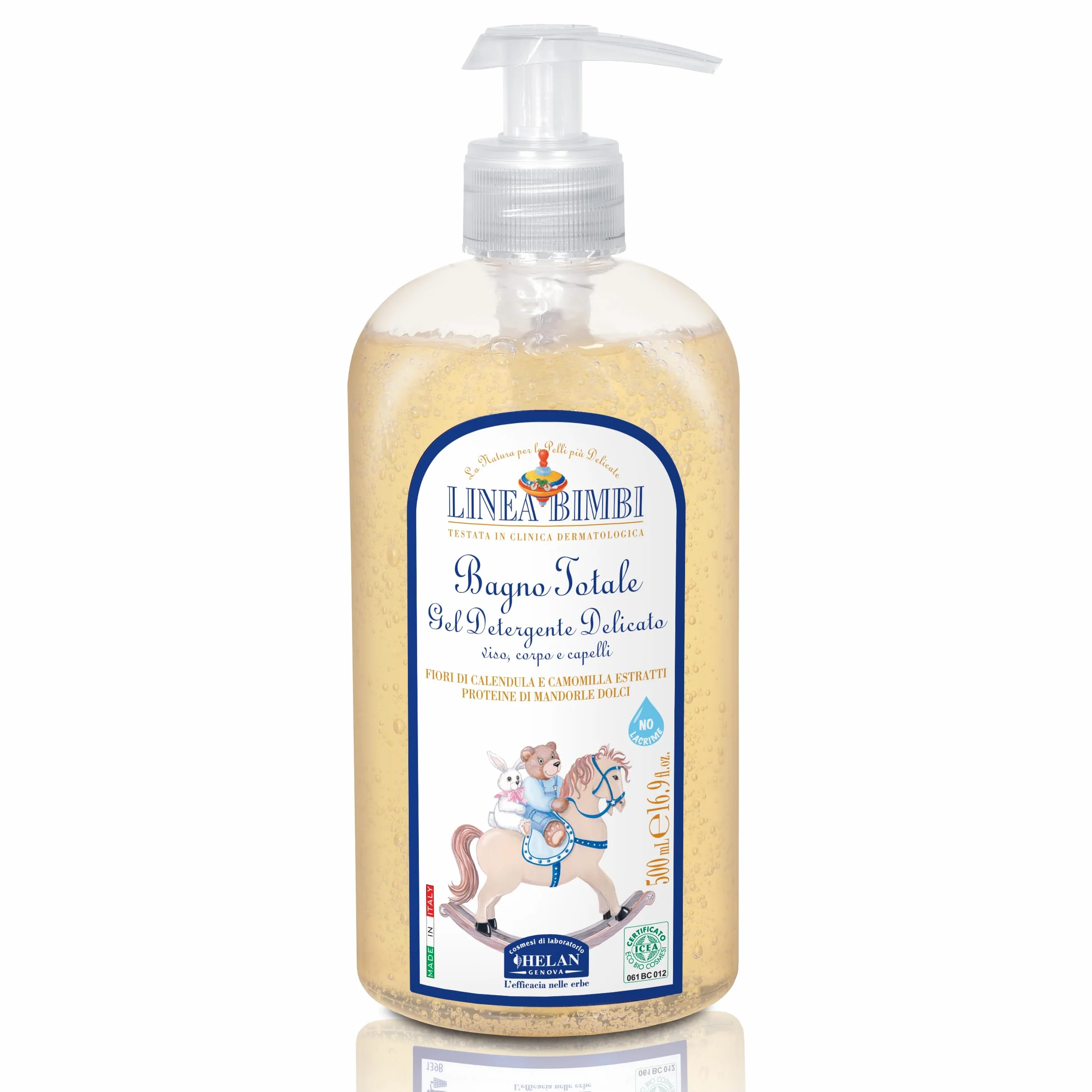 Helan, Linea Bimbi BIO, Gel Detergente Delicato, Bagnoschiuma e Shampoo per Neonati con Proteine di Mandorle Dolci e dagli Estratti di Fiori di Calendula e Camomilla, 500ml