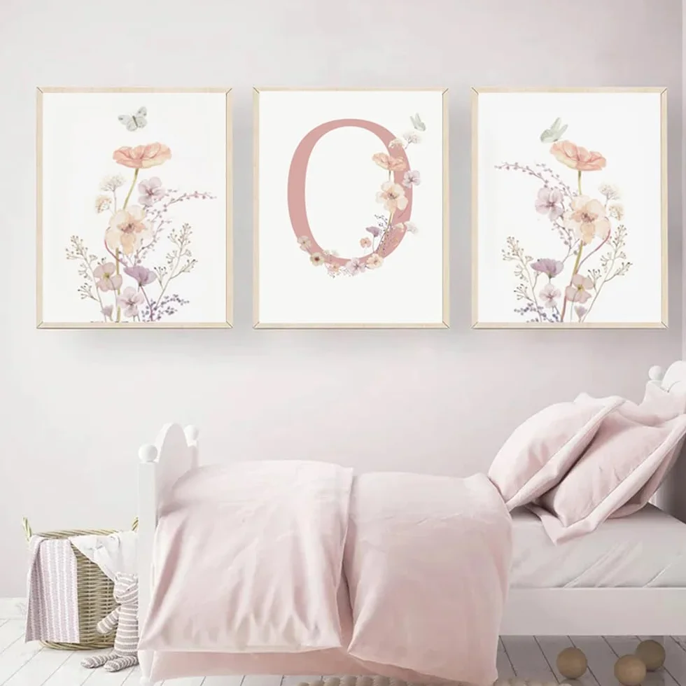 Youihom 3 Quadri Bambini Nome Stampe Cameretta Bimba Floreali Rosa 30 x 40 Quadretti Personalizzati Bimba Poster Camera Neonato Tela senza Cornice