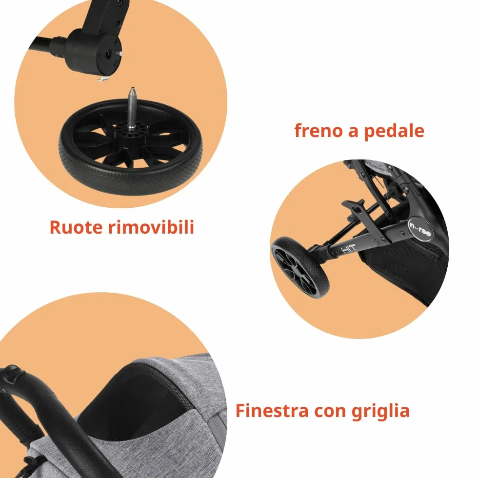 Nurse Hit Passeggino leggero fino a 22 kg, Pieghevole compatto con una mano, Maniglia per il trasporto, Schienale reclinabile, Cappottina estensibile, Grigio
