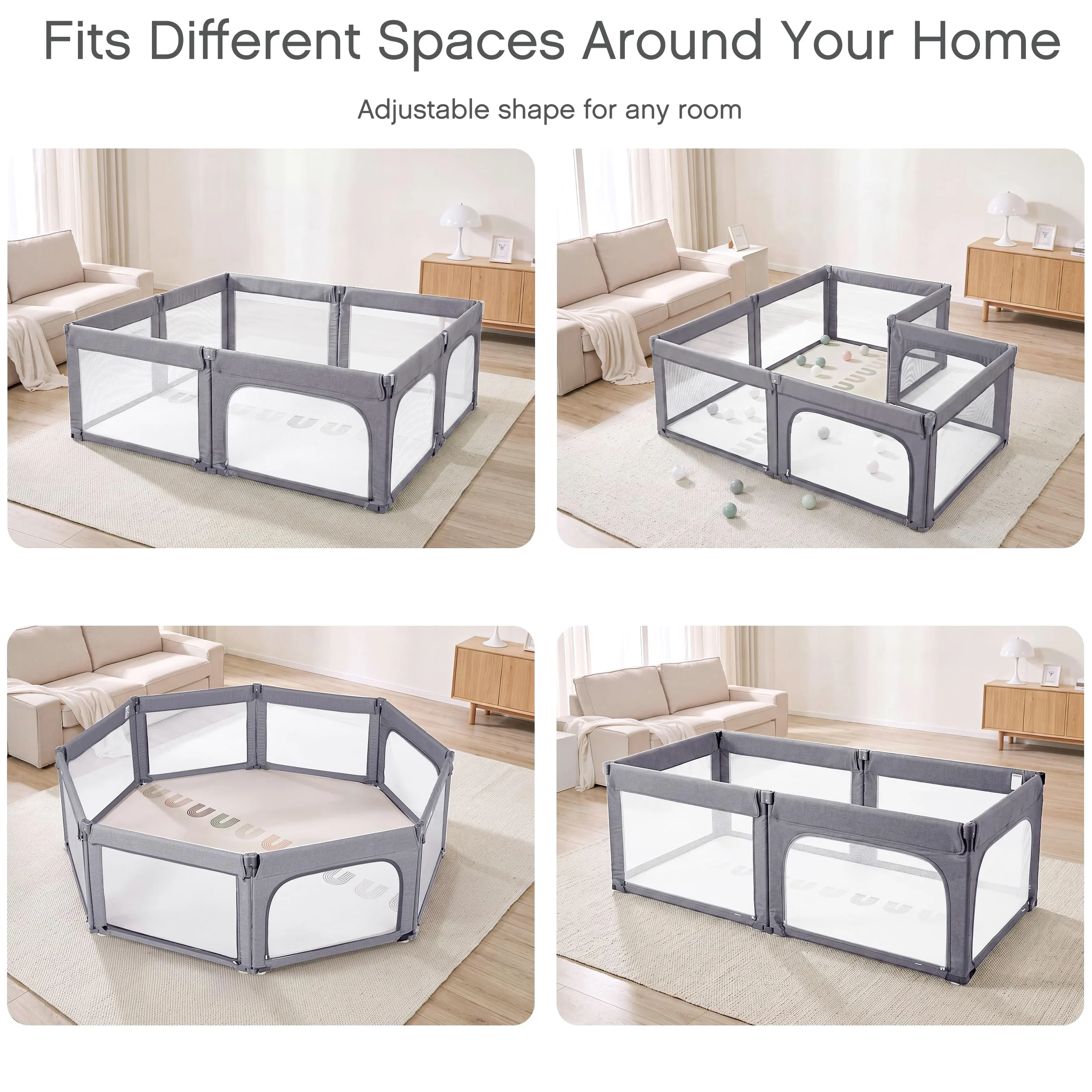 Box per bambini, cancelletto di sicurezza pieghevole, facile da montare, misura grande e regolabile, per interni, 180 x 200 cm, grigio chiaro