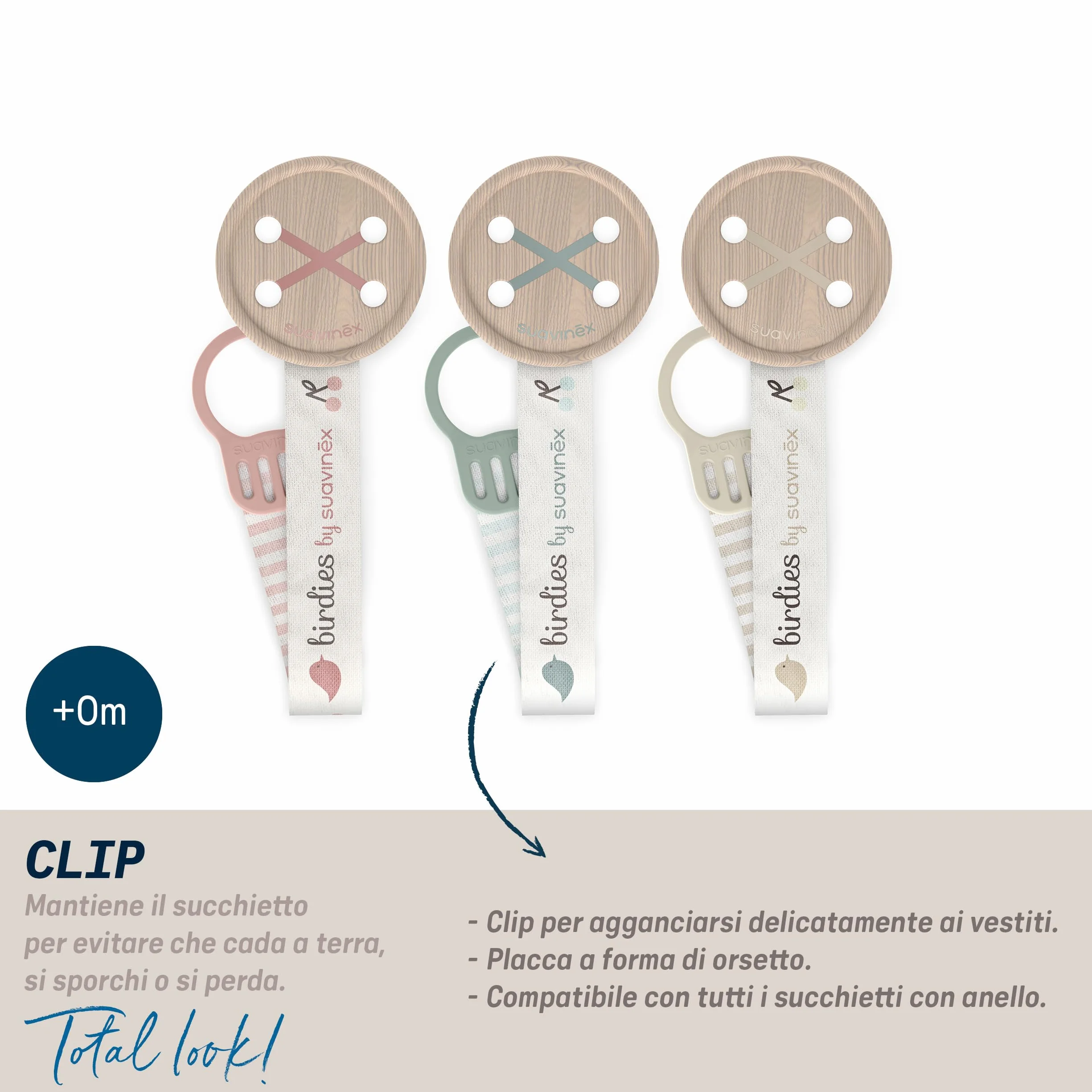 Suavinex, Portaciuccio in Tela per Neonati, Nastro con Decoro su due lati, Catena Ciuccio Neonato, Clip con Pinza. Per bambini +0 mesi, adatto per neonati, Birdies, verde