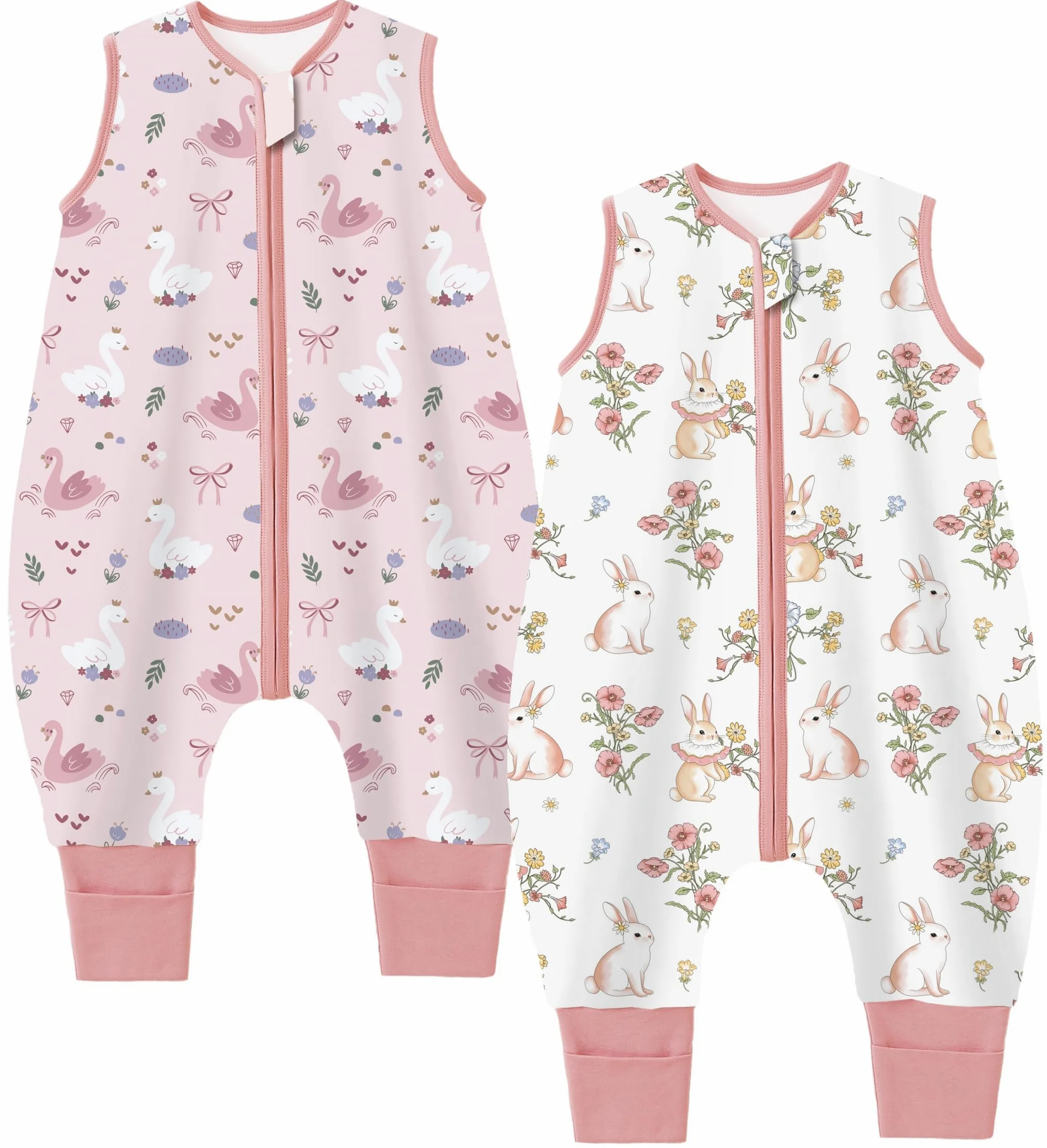 Chilsuessy Sacco nanna con piedi, 1,5 Tog, per tutto l'anno, sacco nanna con gambe, per bambini, 1,5 tog/coniglio dolce + cigno, 100 cm, altezza del bambino 110-120 cm