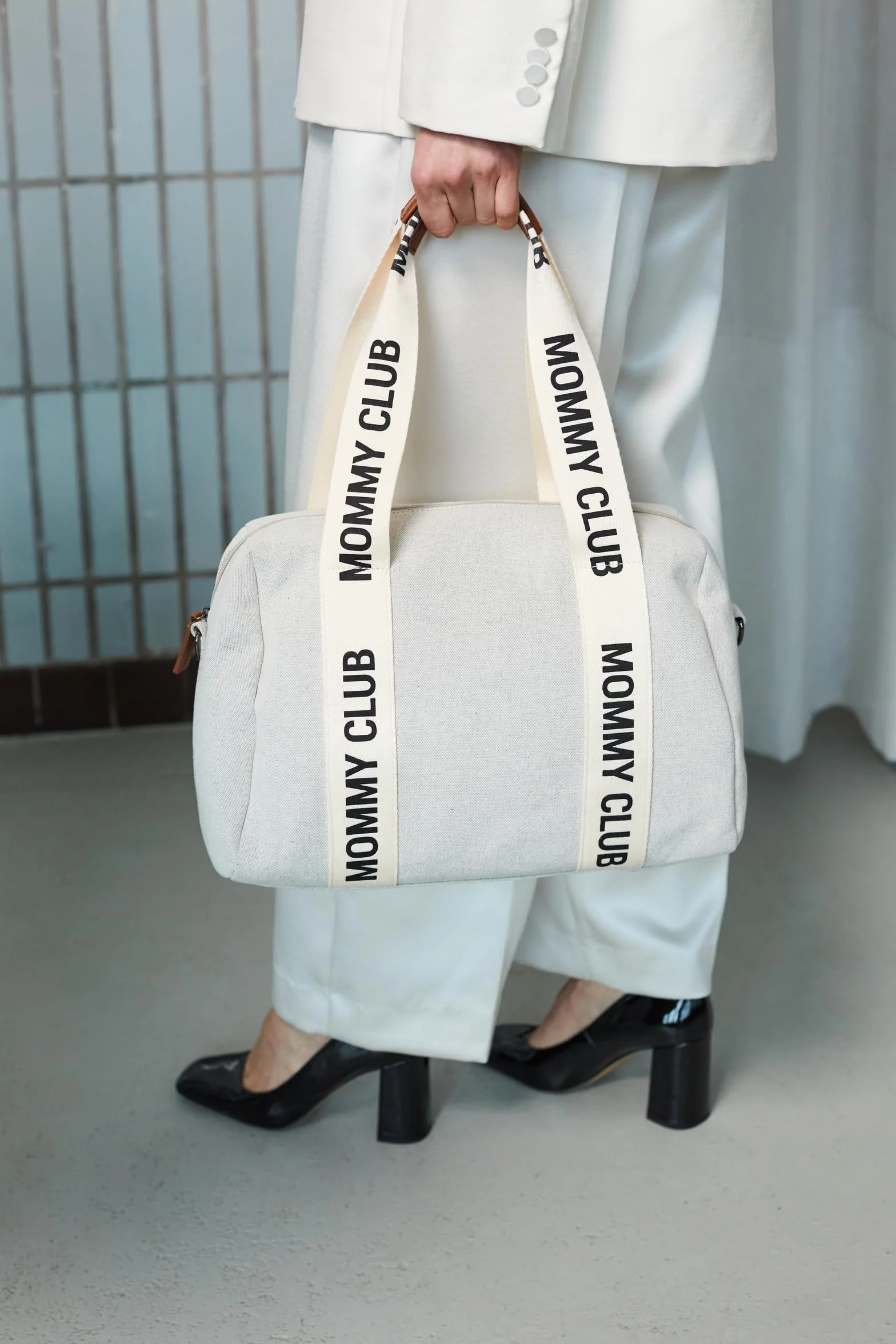 CHILDHOME, Borsa fasciatoio, Mommy Bag, Fasciatoio incluso, Ampio spazio, Attacco per passeggino, Tracolla, Cotone, 22L, Mommy Club Signature, Ecru