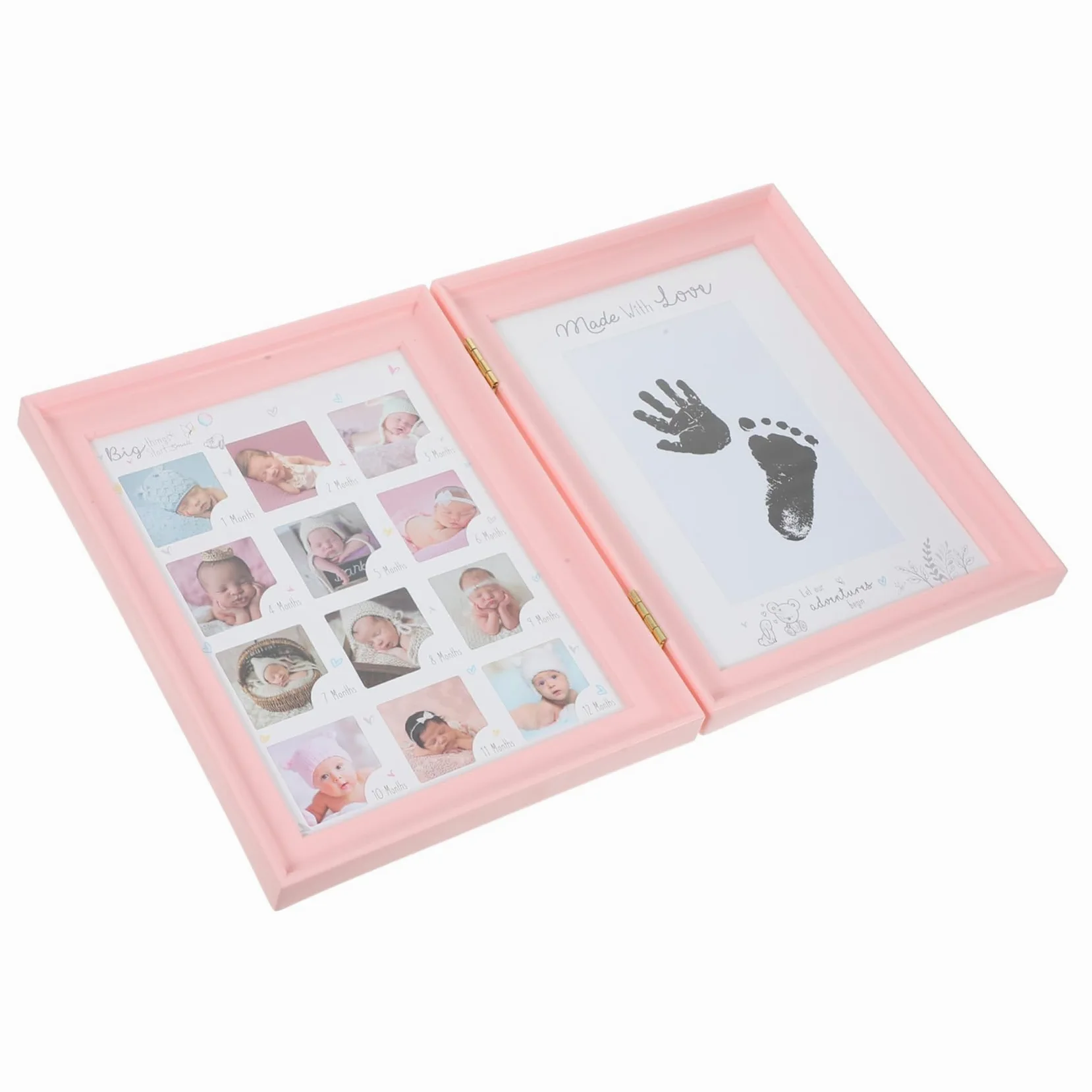Cornice Ricordo Crescita Bebè Rosa, Doppia Apertura, Kit Impronte Mani e Piedi, in Plastica Pvc e Cartone, Regalo Nascita e Compleanno