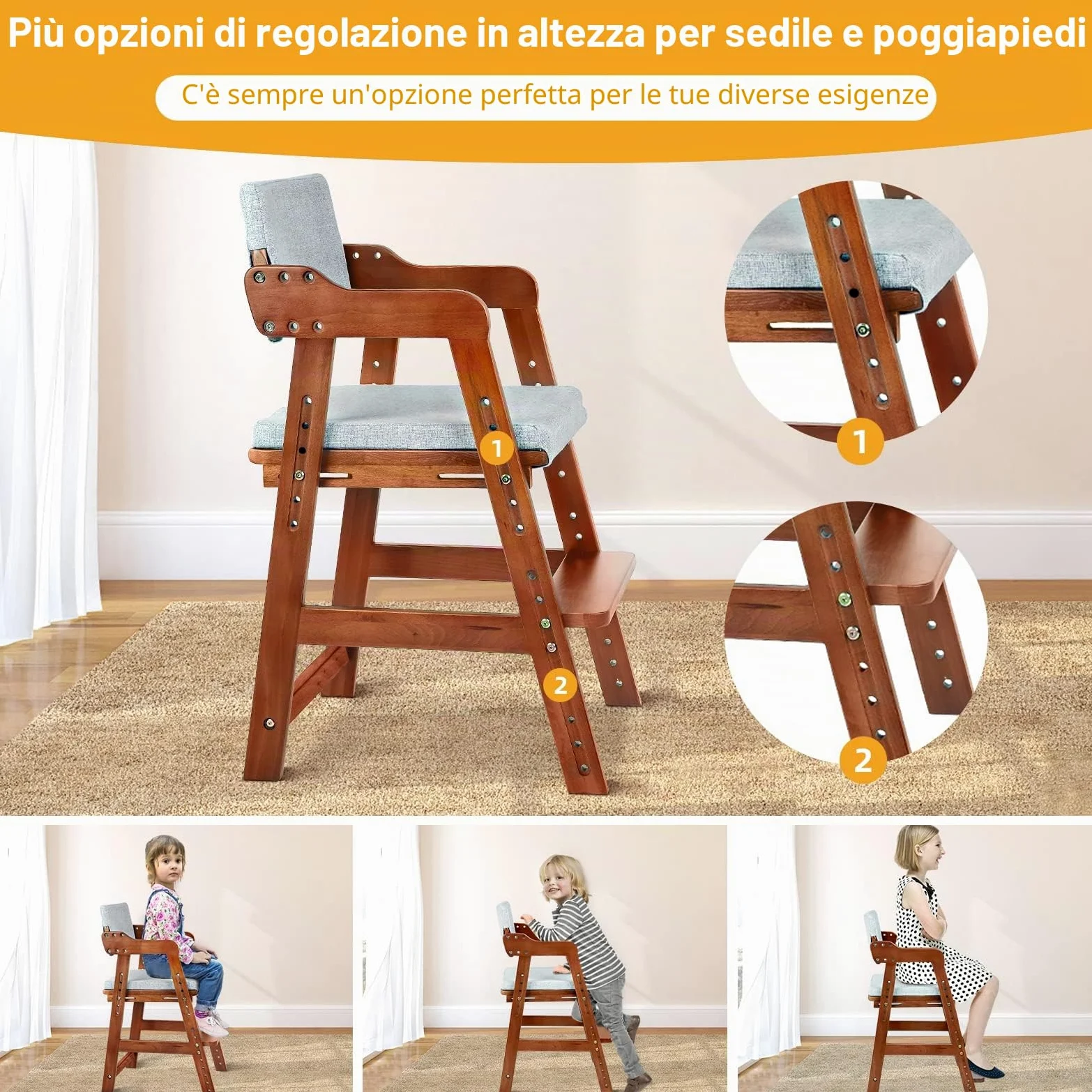 Ezebaby Seggiolone, sedia per bambini, in legno di faggio, regolabile in altezza, stabile e sicura, fino a 90 kg, per bambini e adulti