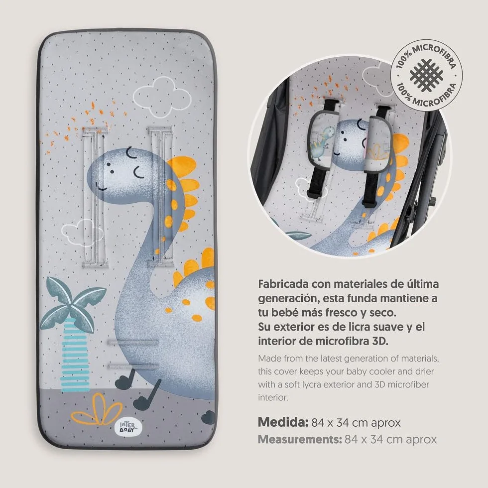 Interbaby Materassino per passeggino, universale, estivo, con palma, grigio, traspirante, confortevole, 100% cotone, 84 x 34 cm, protezioni per imbracatura