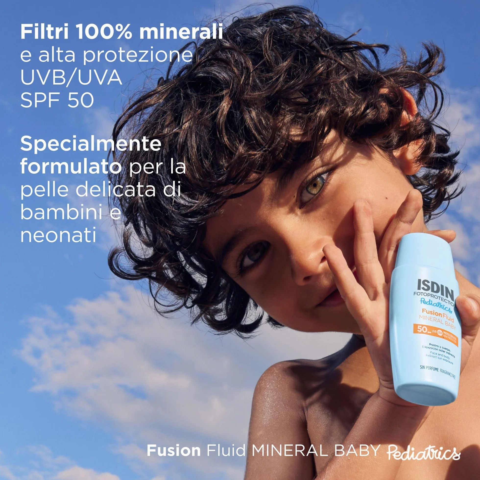 ISDIN Pediatrics Fusion Fluid Mineral Baby SPF 50 (50 ml) | Fotoprotrettore per Bambini dai 6 Mesi | Filtri 100% físici | Adatto per Tutte le Tipologie di Pelle