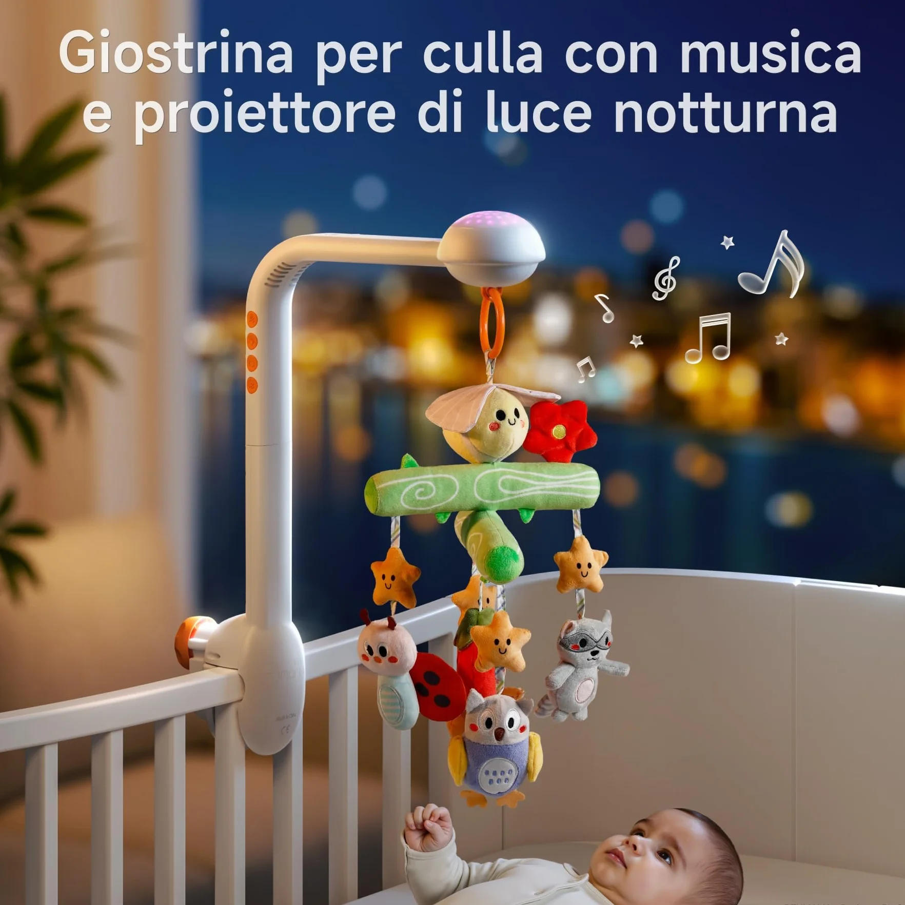TUMAMA KIDS Giostrina Culla Neonato con Musica e Proiettore di luci, Carillon Culla per Neonati 0 3 6 9 Mesi, Sonaglio Giochi Neonato Telecomandato Giocattolo Sensoriale per Neonati Regalo