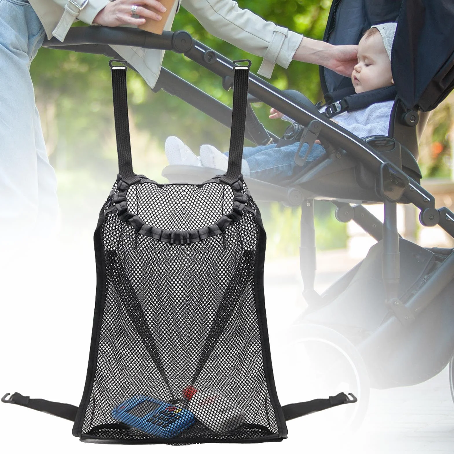 Net di stoccaggio dei passeggeri - organizzatore riparato con cinturini regolabili, borsa a maglie di grande capacità | Rete cargo per pannolini, snack, giocattoli, accessorio per passeggino, contenit