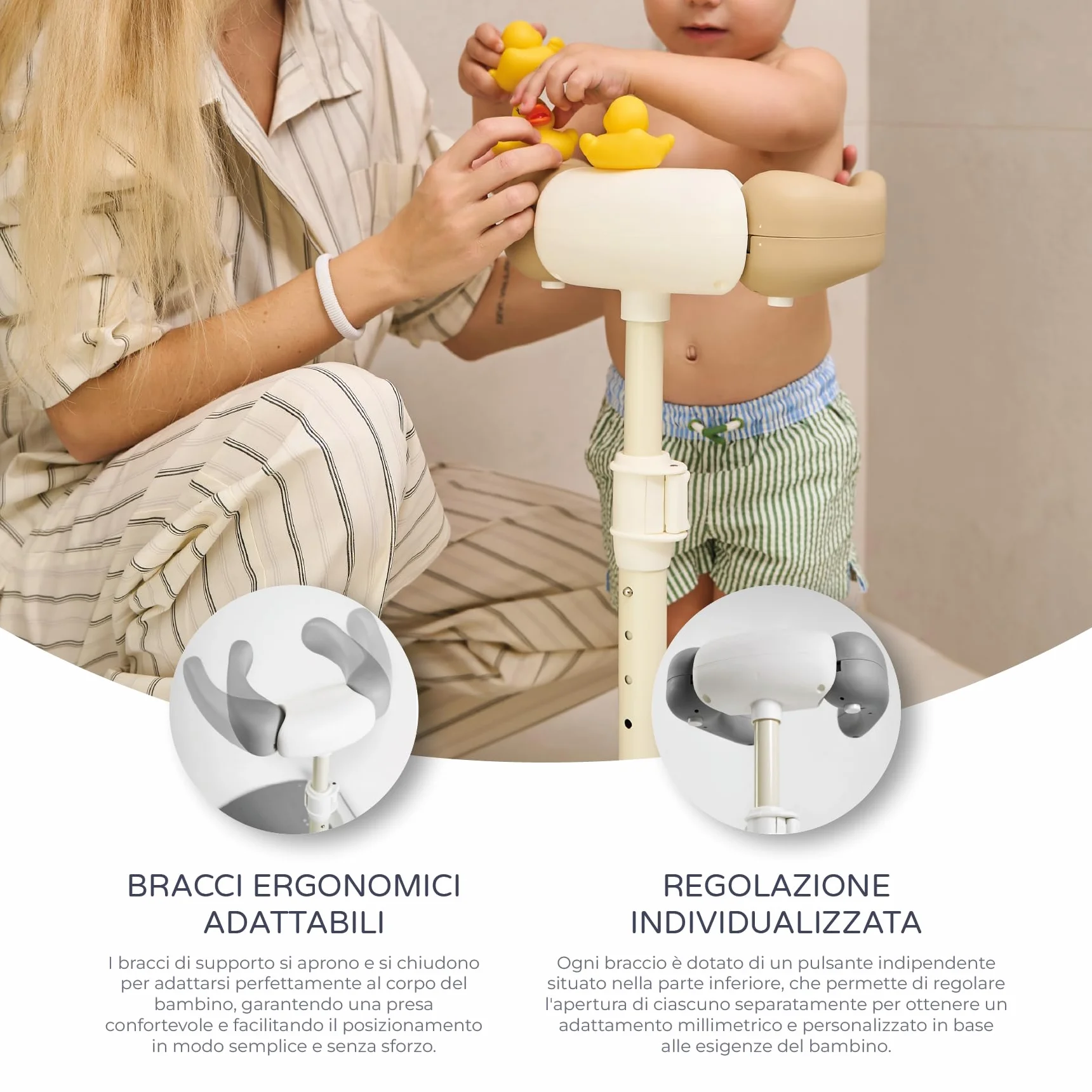 Ms BabyWorld - Supporto per vasca da bagno e doccia, con base antiscivolo, altezza e larghezza regolabile, pieghevole - Torre regolabile per bambinI - Aiuta il passaggio alla doccia in piedi (Grigio)