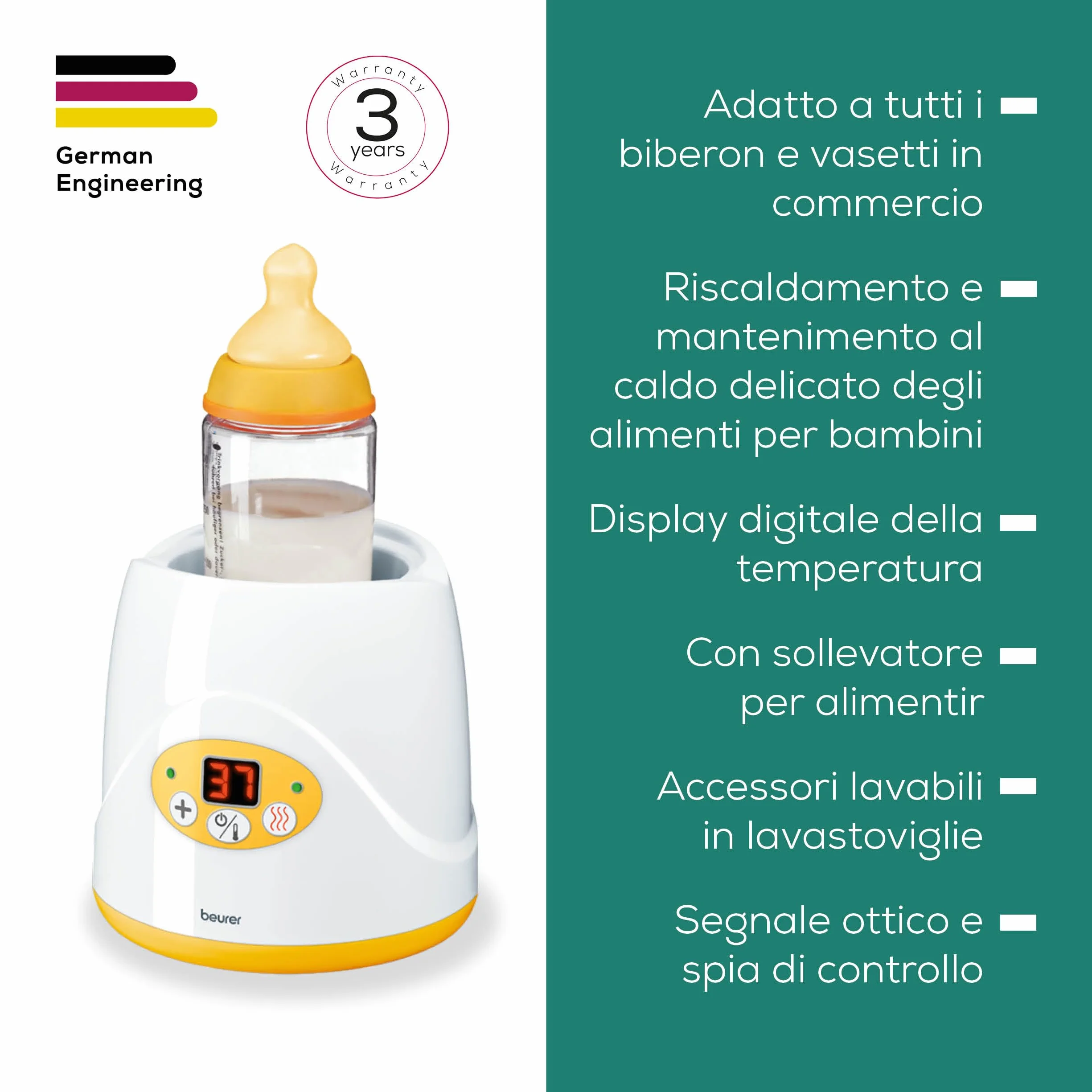 Beurer BY 52 Scaldabiberon e Scaldapappe 2in1 con Display Digitale, Riscaldamento Uniforme e Delicato, Funzione Mantenimento Calore 35–85 °C, Adatto a Tutti i Biberon e Vasetti, Spegnimento Automatico