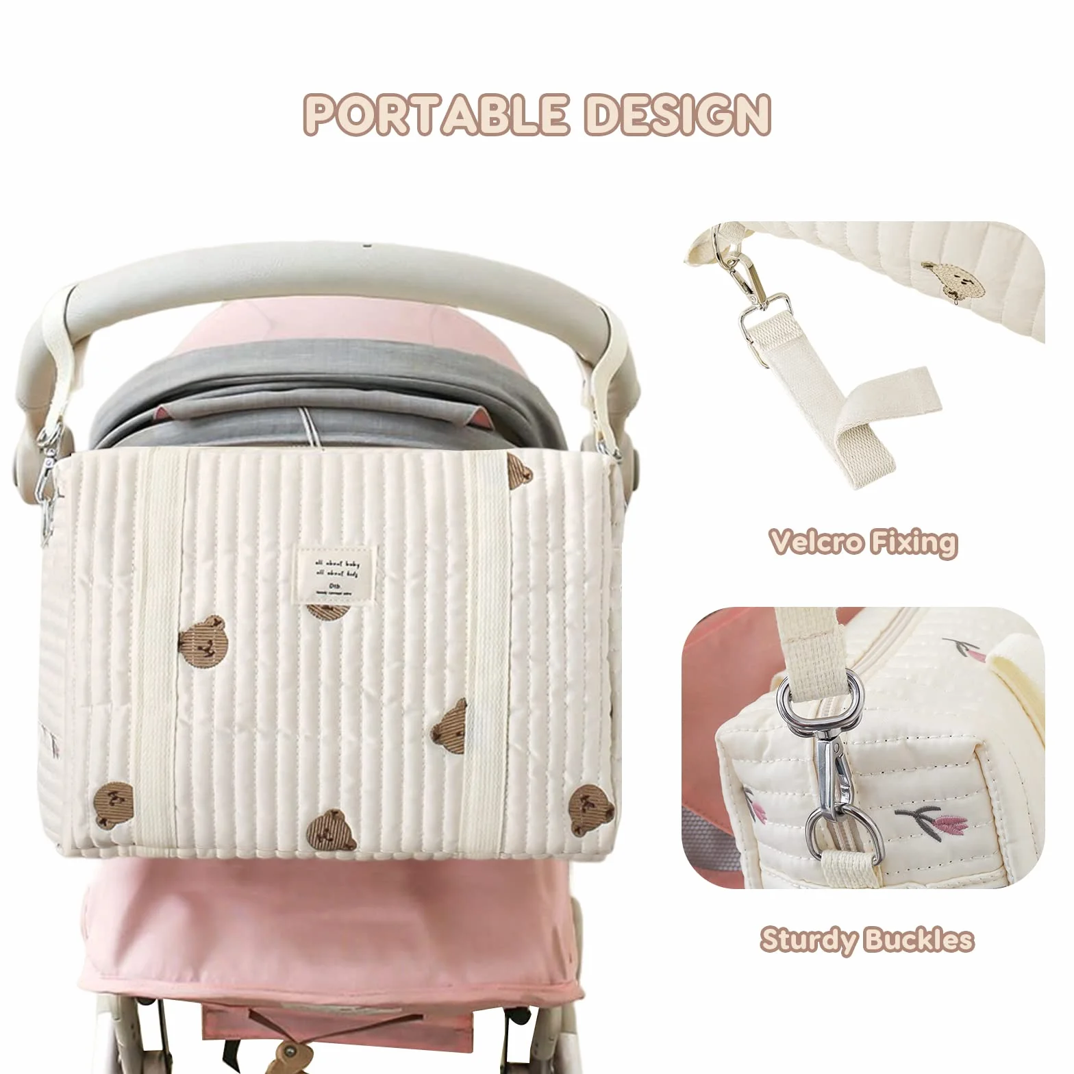SONARIN Ricamo Fasciatoio per Neonato, Durevole Grande Capacità Cotone Borsa Cambio Mamma Leggera Portatile per Pannolini da Viaggio con Ganci per Passeggino (Orso)