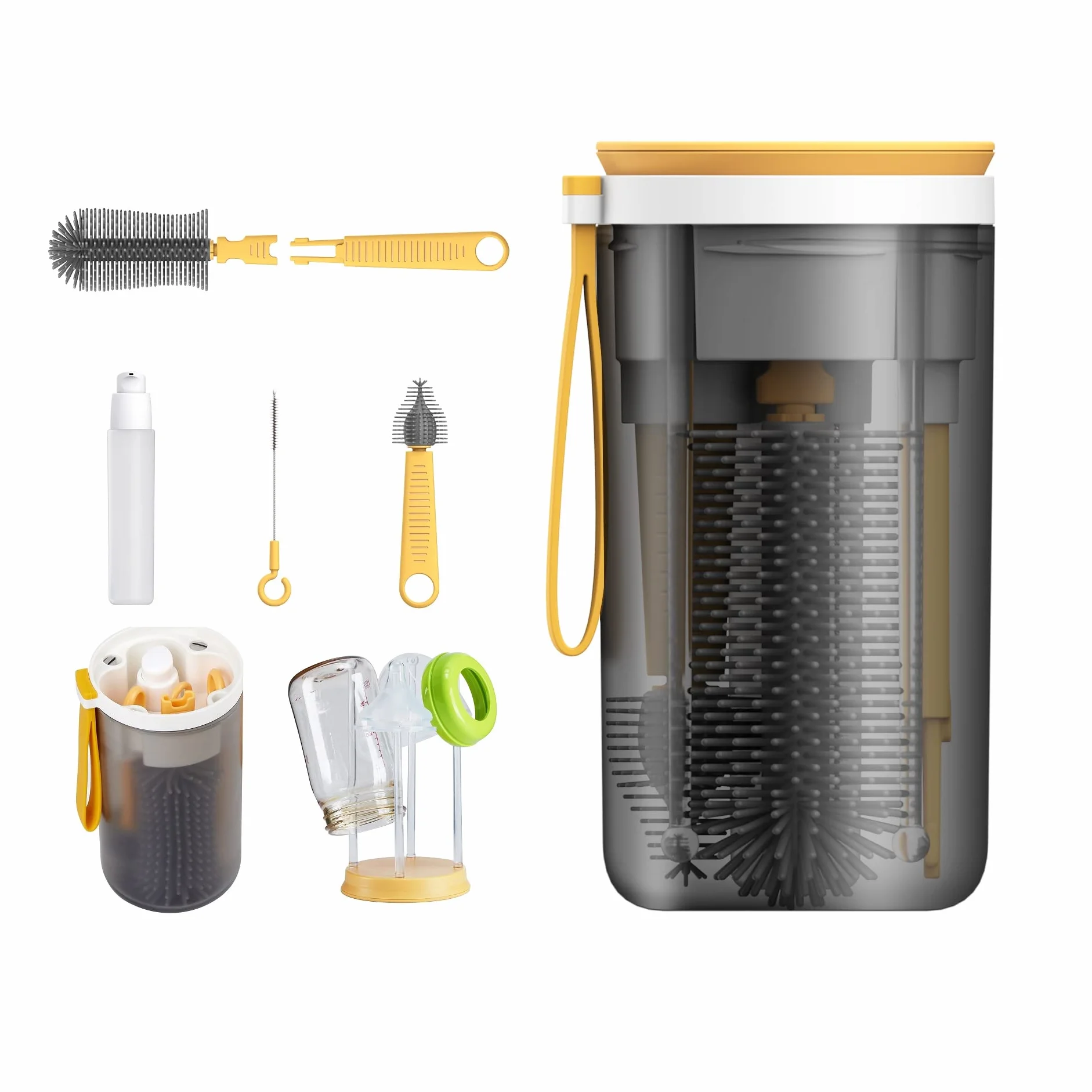 Kit di pulizia e asciugatura per bottiglie/tazze senza BPA. Regalo per neonati o nuovi genitori. Spazzola in silicone, vaschetta raccogli gocce/asciugabottiglie durante i viaggi/casa/aereo. Giallo