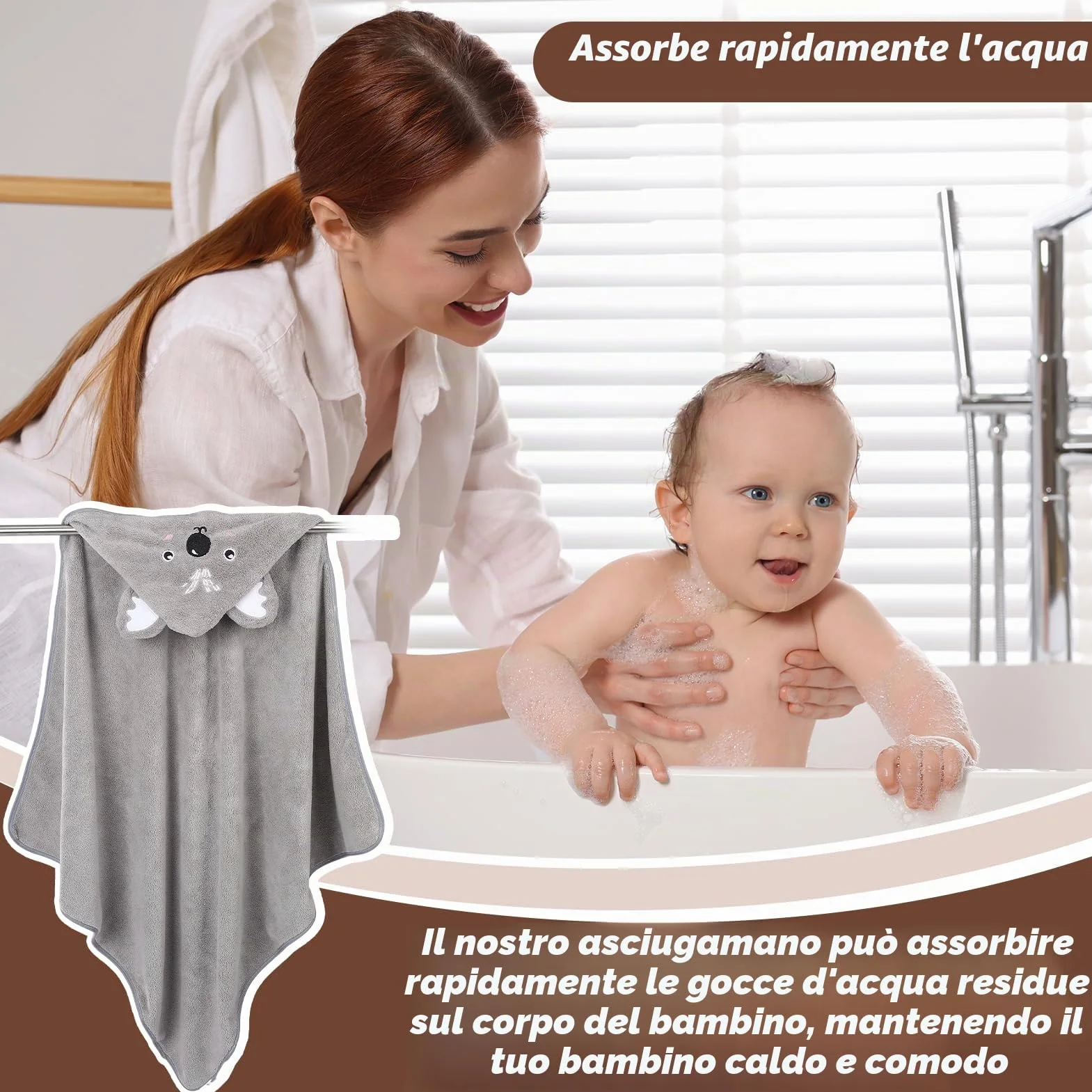 3 asciugamani da bagno con cappuccio per bambini, asciugamano per bebè, asciugamano per neonato, asciugamano da bagno per piscina, 80 x 80 cm, mantello da bagno 0-5 anni, cachi, bianco, GR