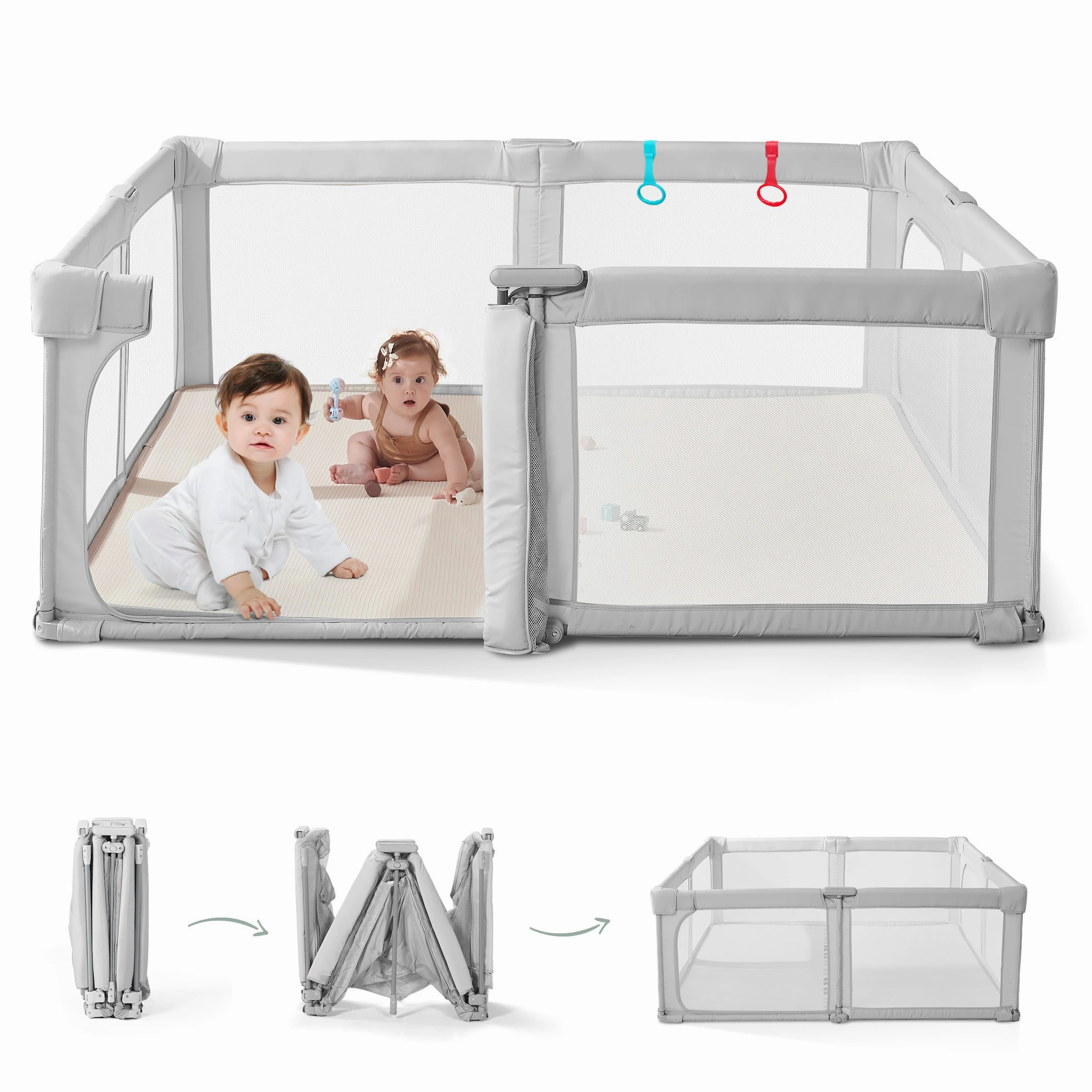 Box per bambini con box pieghevole con porta per adulti, facile da montare, telaio in acciaio imbottito da giardino, robusta penna da gioco, rete traspirante per interni ed esterni, recinzione per