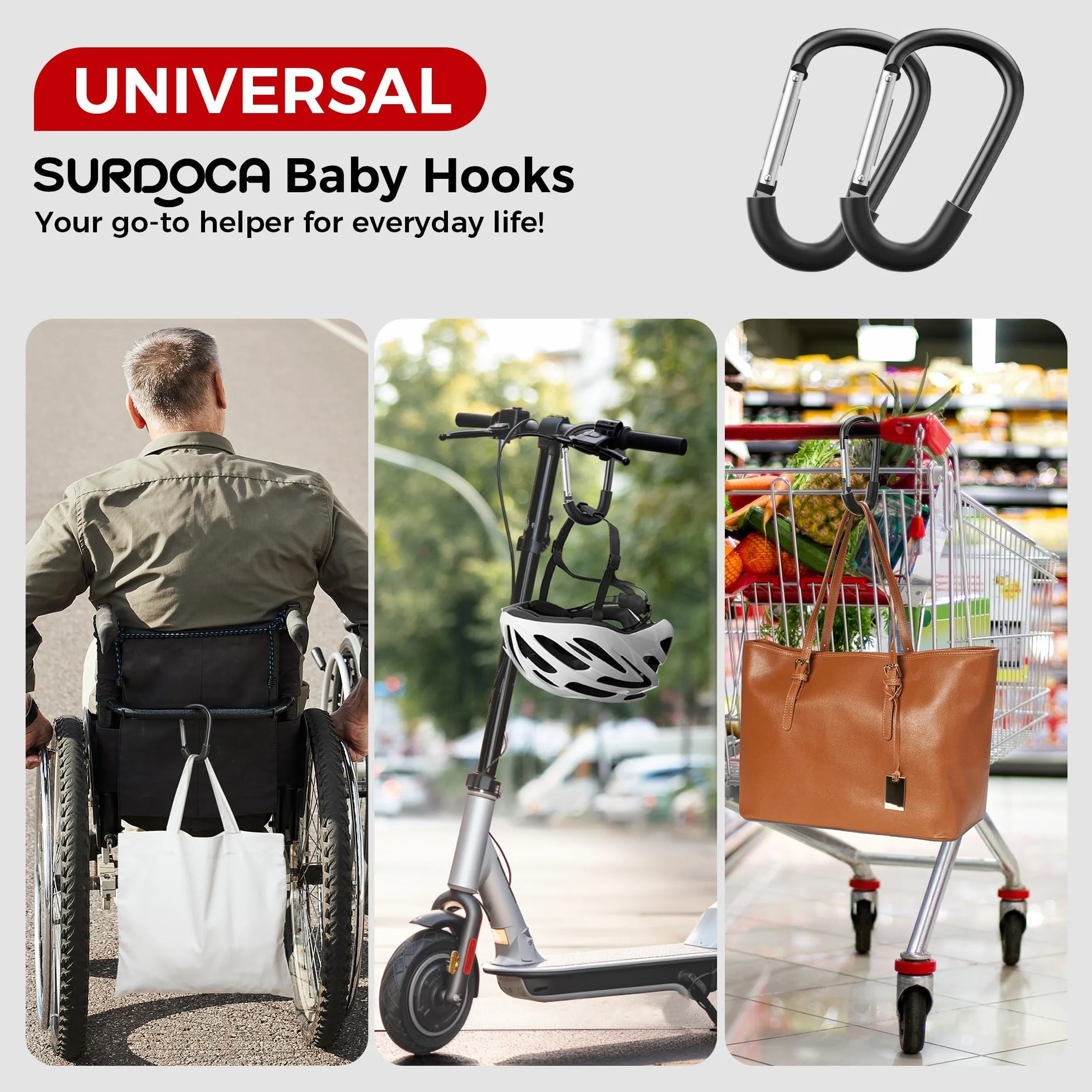 SURDOCA Ganci per passeggino, grandi ganci per passeggino per borse, clip e ganci universali per passeggino, gancio mamma per passeggino resistente, accessori per passeggino per mamma tutto nero 1