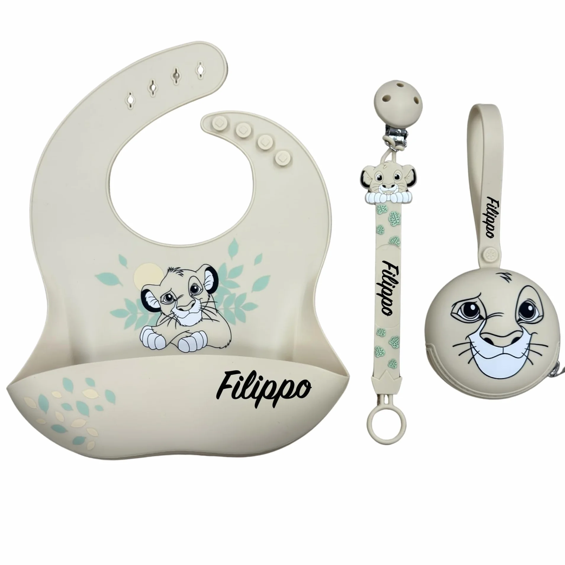 NOVITÁ Fettuccia IN SILICONE, per ciuccio personalizzata con nome, leone, BABYJART, lavabile,sicura per il bambino,compatibile con ciuccio MAM e CHICCO AZIENDA ITALIANA, MADE IN ITALY!