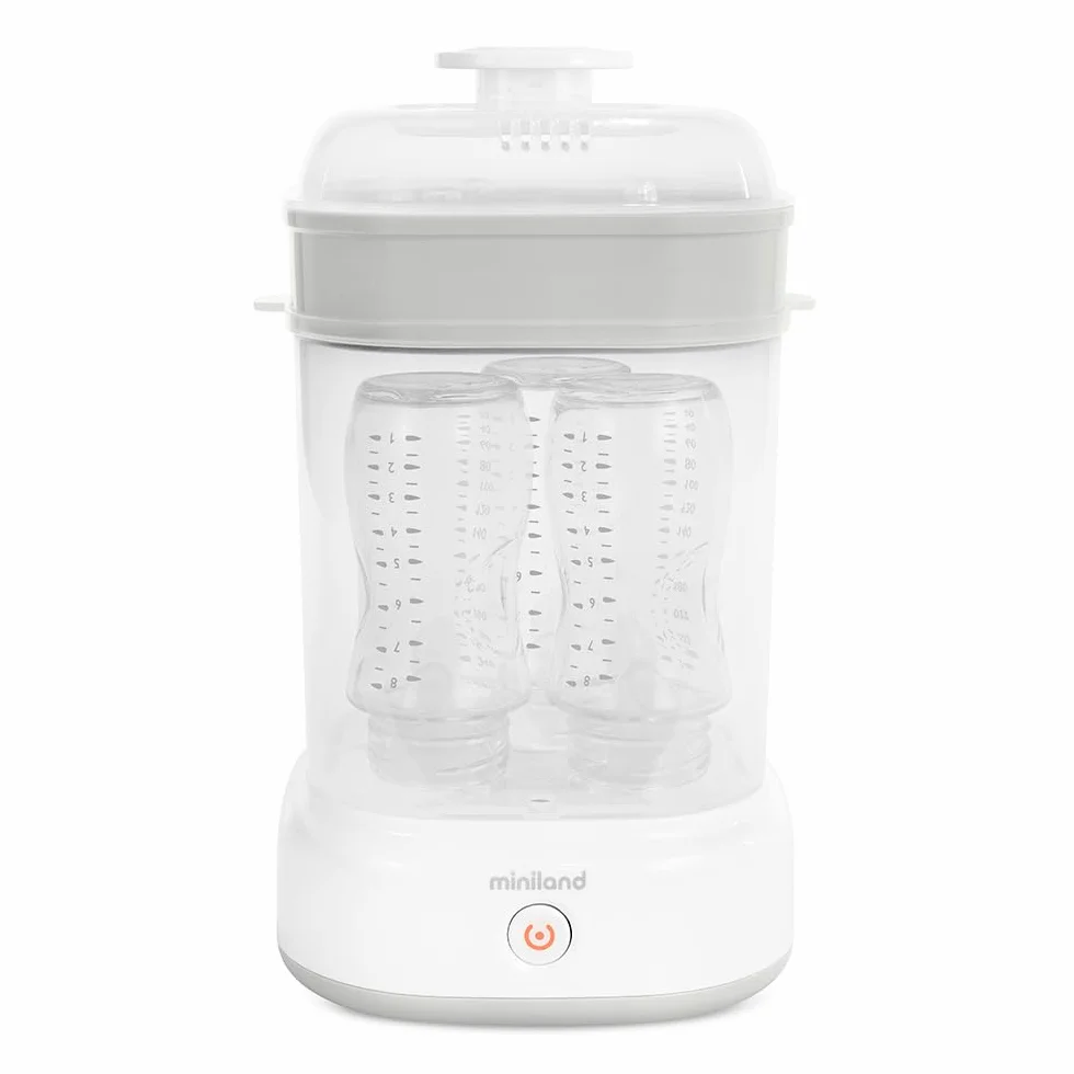 Miniland - Mini Steamy Sterilizzatore Vapore Bianco Grande Capacità, Sterilizzazione Naturale Senza Prodotti Chimici, Lavabile in Lavastoviglie, Segnale Visivo e Spegnimento Automatico