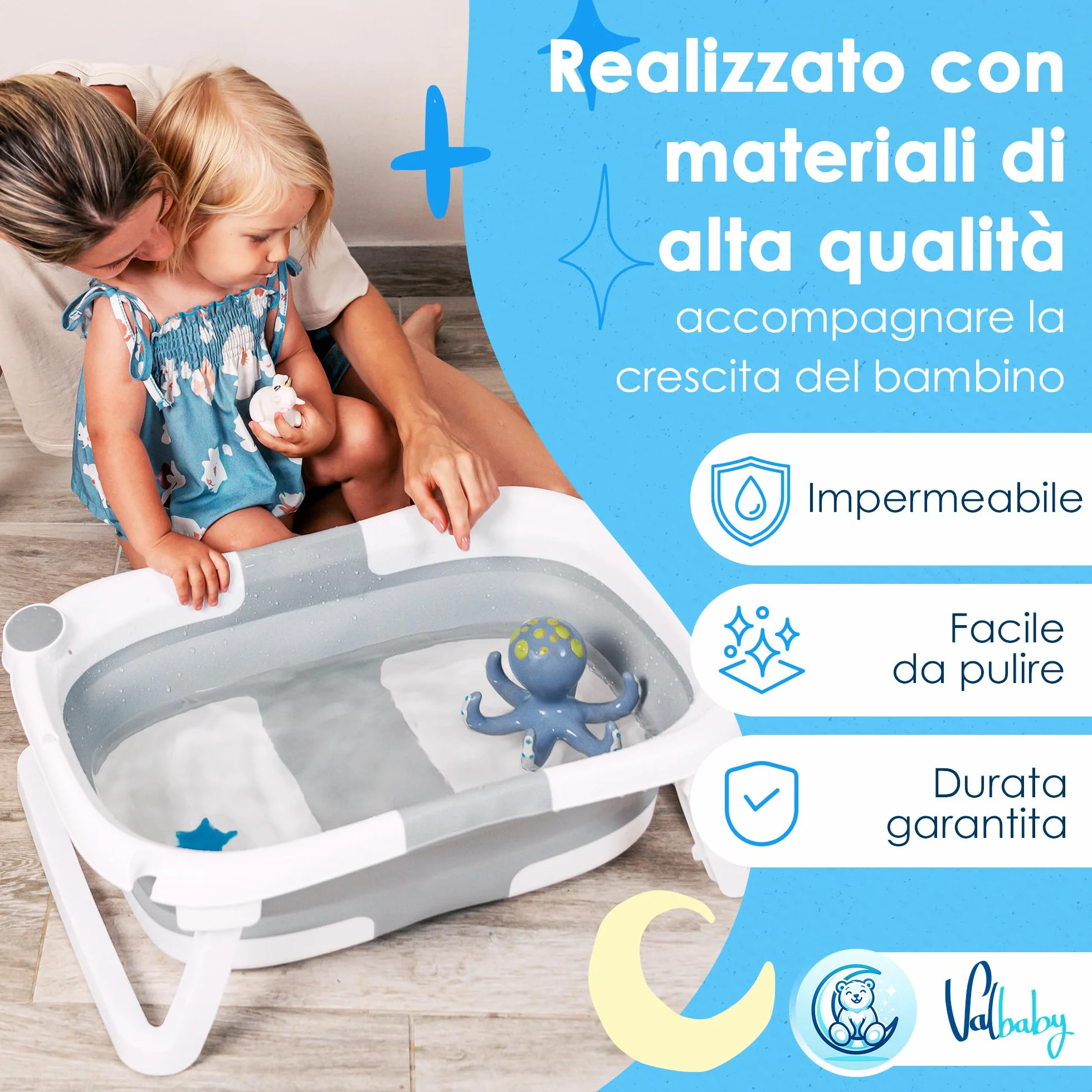 Vaschetta Bagnetto Neonato Pieghevole 0-3 Anni con Cuscino Antiscivolo Ergonomico - Vasca da Bagno Neonati Portatile e Compatta Facile da Pulire Bambini 0-3 Anni - Baby Bath Tub Sicuro | VALBABY