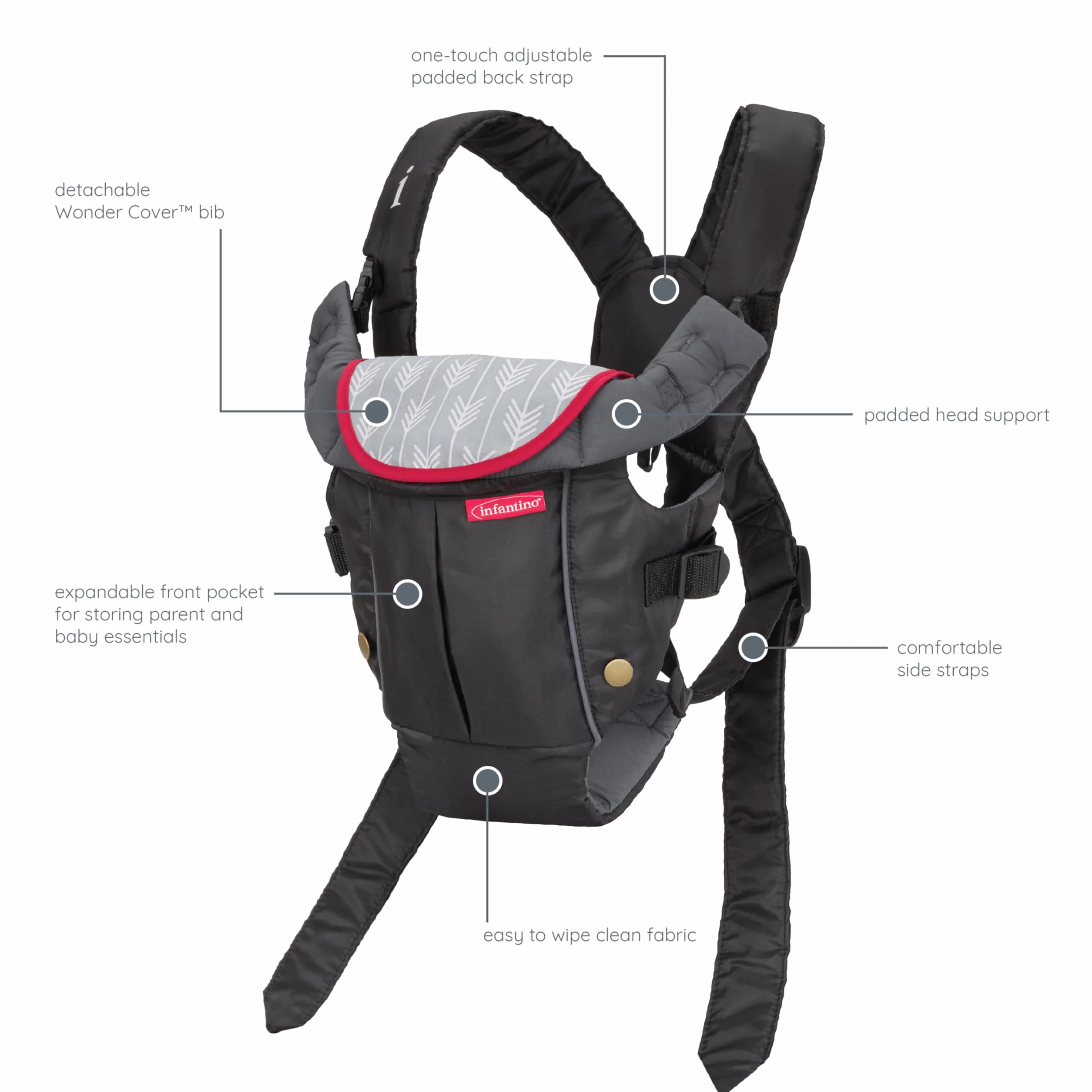 Infantino Swift Classic Marsupio - leggero e compatto, con bavaglino Clever Wonder Cover 2 in 1 e tasca esterna, per neonati e bambini da 8 a 25 libbre (3,6-11,3 kg).