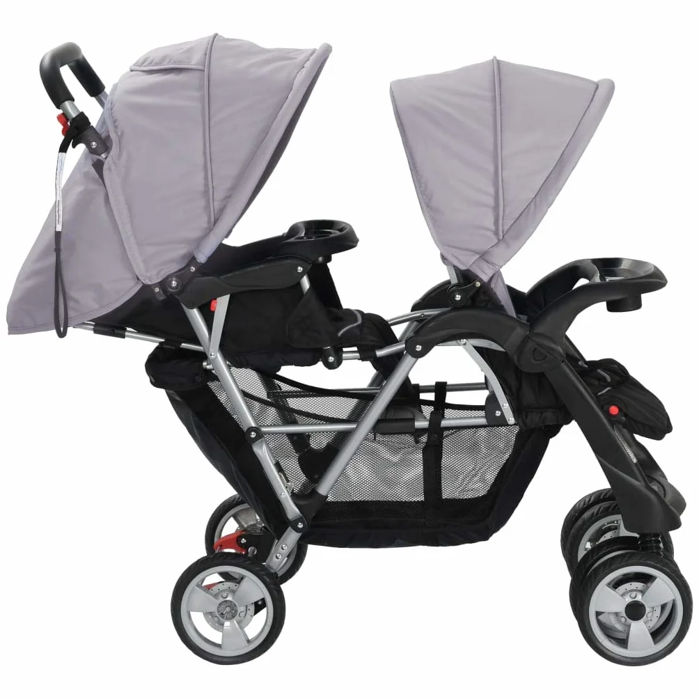 Kavolet Passeggino gemello, gemello, passeggino tandem per 2 bambini, passeggino da viaggio, passeggino 2 in 1, grigio e nero, 122,5 x 53,5 x 111 cm, in acciaio