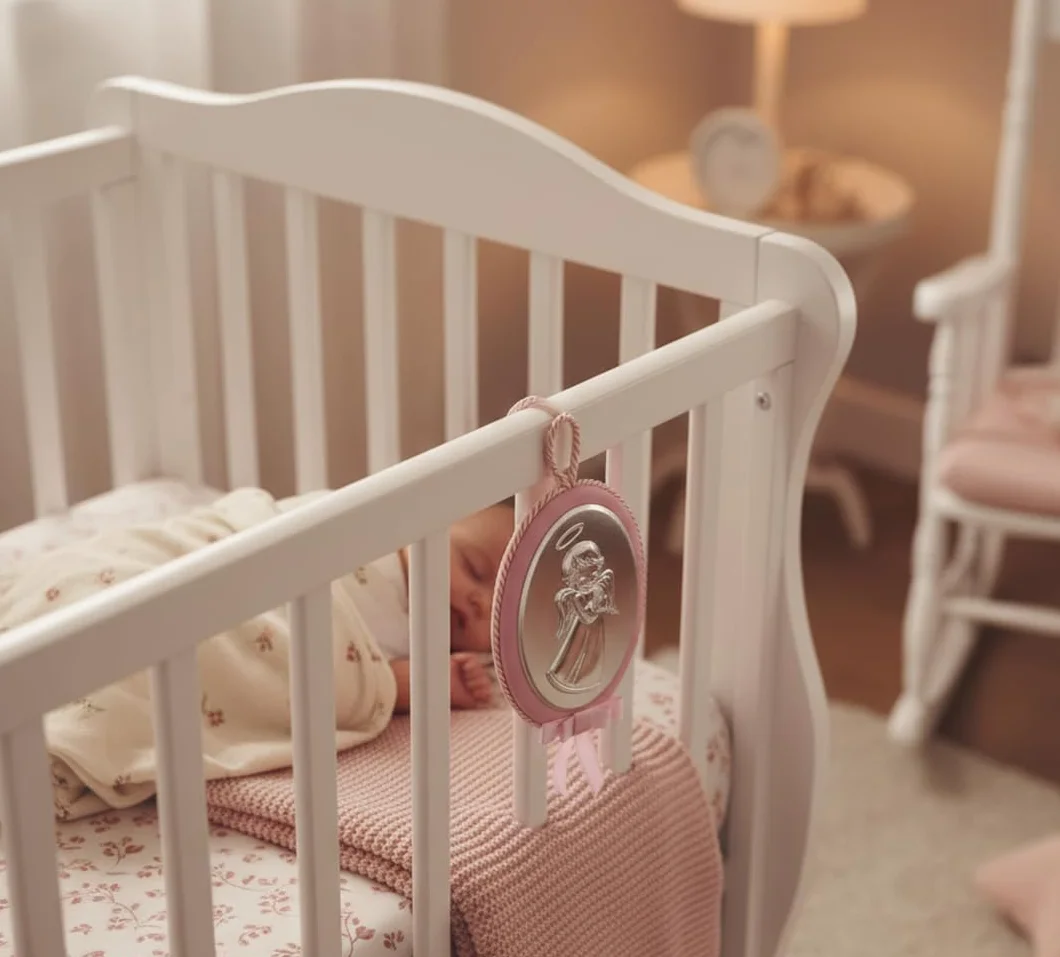 Medaglione Musicale Capoculla Sopraculla Ovale con Angelo in Argento, Personalizzabile con Incisione del Nome, Idea Regalo per Nascita o Battesimo da Appendere alla Culla del Neonato Rosa