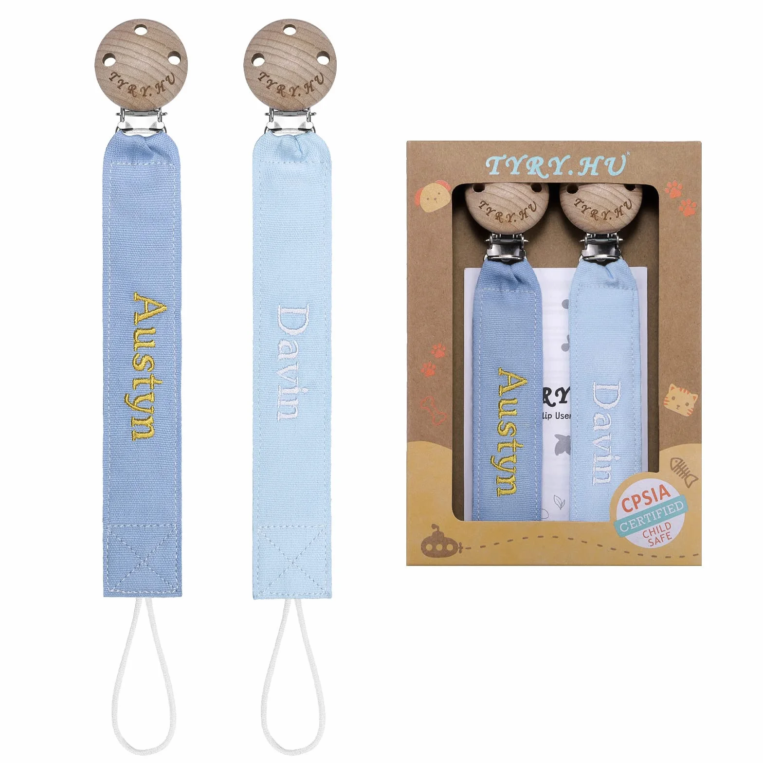 TYRY.HU Catenella Portaciuccio con Nome Personalizzata Porta Succhietto Clip di Legno Cotone Bambine Ragazzi Massaggiagengive Ciuccio Clip Baby Regalo, 2 Pezzi