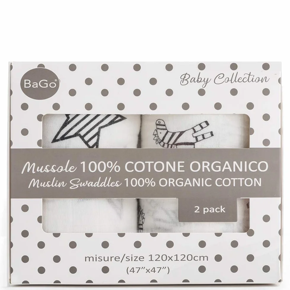 Mussole Neonato Bago® - 100% Cotone Biologico Certificato Gots - 120 X 120 - Mussola Copertina Lenzuola Culla Neonati - 2 Fantasie - Sacchetto Protettivo Da Trasporto - Regalo Bebe Per Bimba E Bimbo