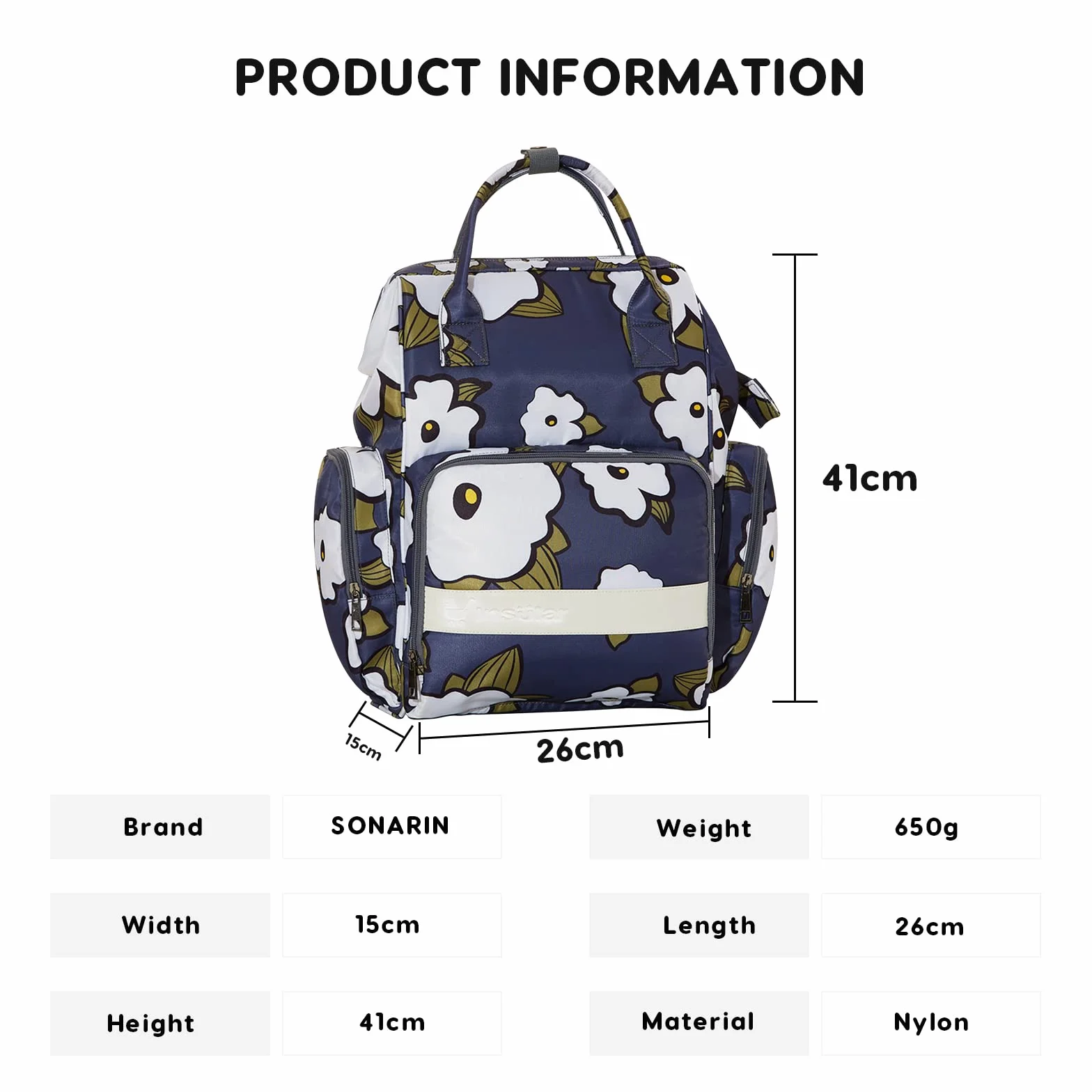 SONARIN Multifunzionale Impermeabile Zaino Fasciatoio,Grande Capacità Borsa per Pannolini Zaino Mamma Neonato Viaggio Borsa Fasciatoio con Fasciatoio & Ganci per Passeggino(Fiori)