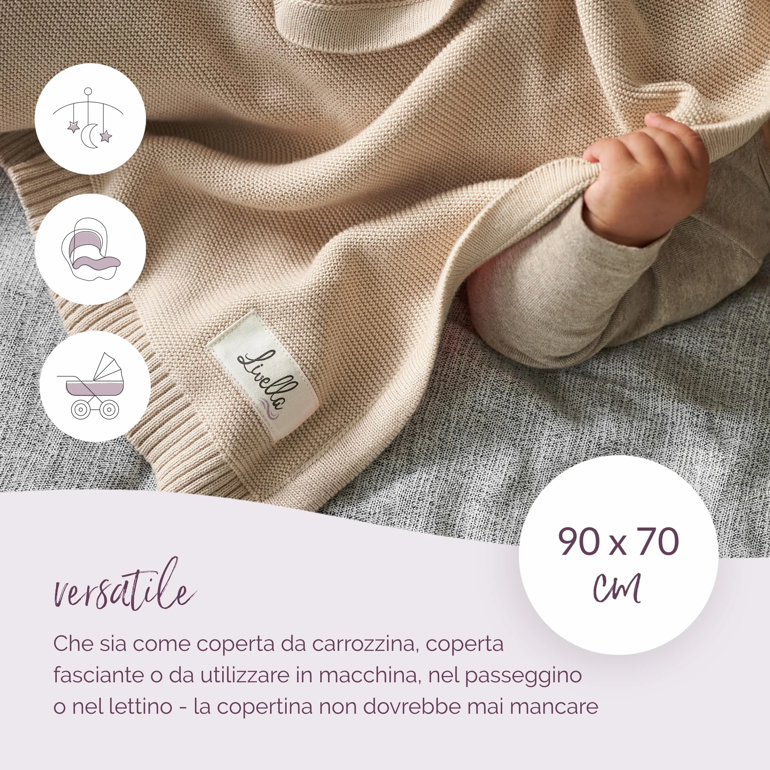 Livella Coperta per neonato e bambino cotone 100% biologico, coperta premium lavorata a maglia morbida e traspirante, ideale per la pelle delicata del bambino, OekoTEX Standard 100