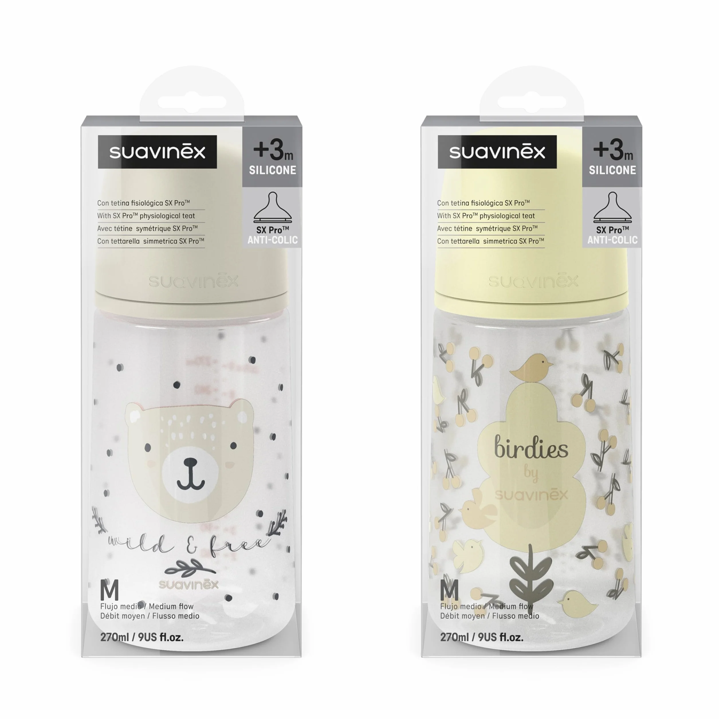Suavinex, Confezione 2 Biberon da 270 ml, Tettarella Simmetrica SX Pro in Silicone con Valvola Anticolica, Flusso Medio, Liquido Densità Media, Latte, Succhi, Acqua. ​+3 Mesi.Birdies, Wild&Free, Beige