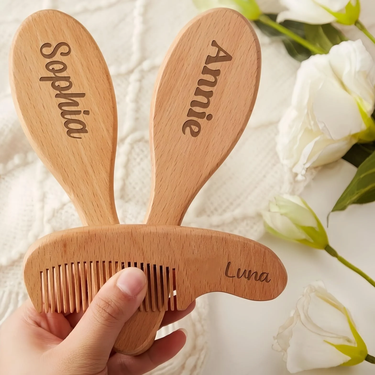 Set Personalizzato Di Spazzola E Pettine Per Bambini, Spazzola In Lana, Pettine In Legno Con Nome E Icona Incisi, Accessori Per Il Bagnetto, Regali Per Neonati
