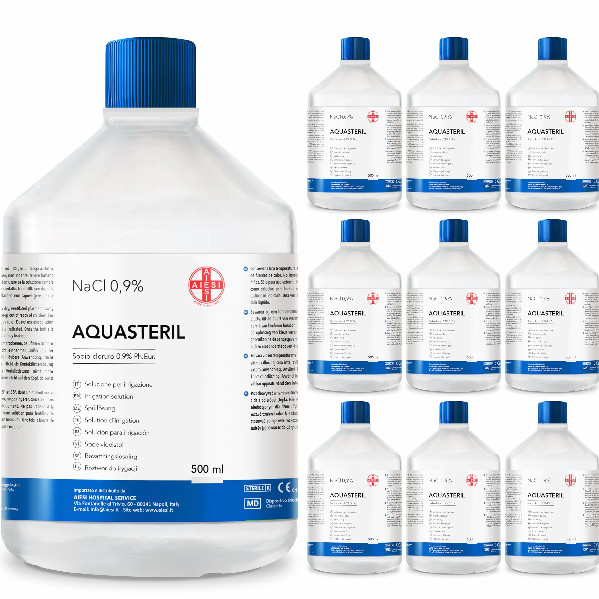 AIESI® Soluzione fisiologica salina (10x500 ml) per lavaggi nasali, aerosol e irrigazione con tappo richiudibile AQUASTERIL, Sodio cloruro 0,9% per cassetta pronto soccorso