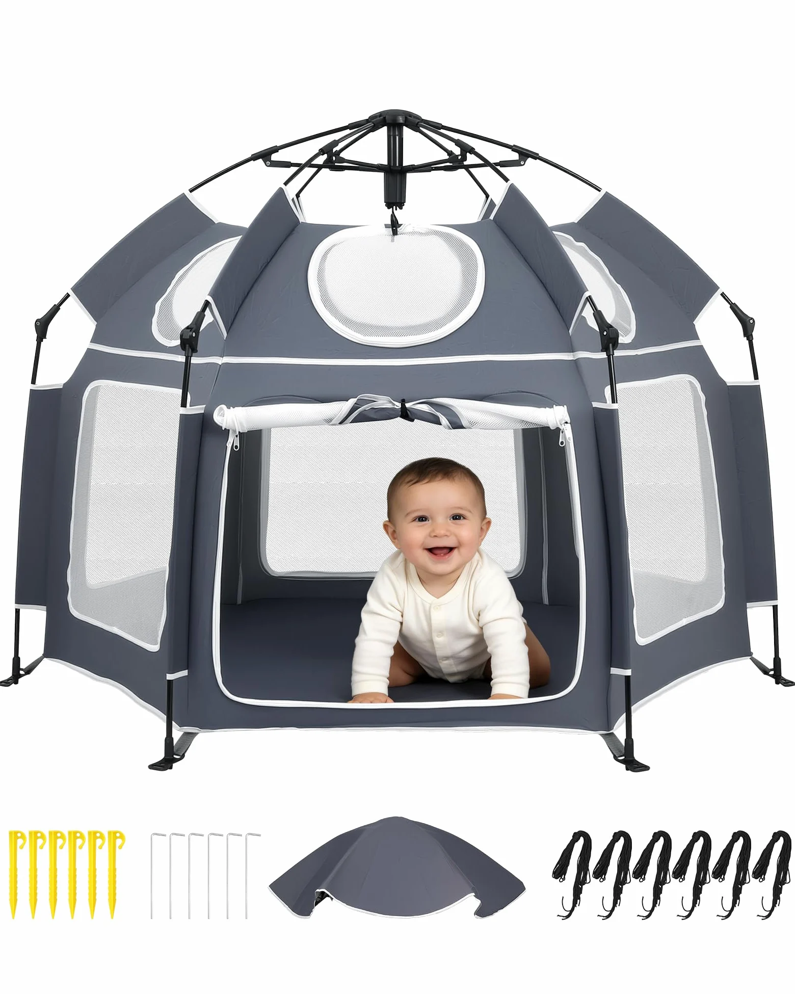 HOMGEN Box Pieghevole POP-UP 150x110 cm con Copertura UV Rimovibile in Tessuto Oxford 210D Box da Esterno per Bambini Portatile in Rete per Spiaggia, Parco e Casa