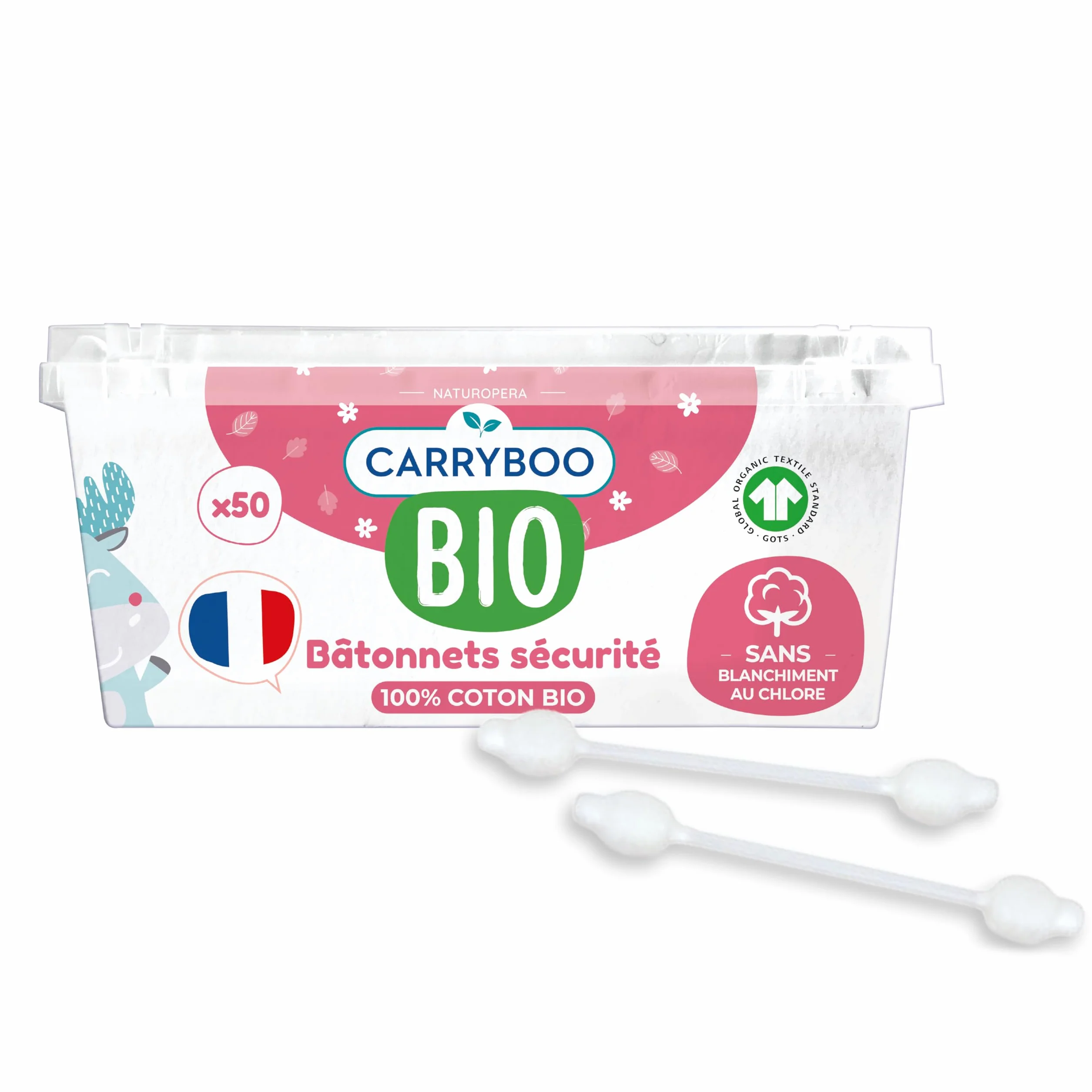 CARRYBOO - Bastoncini di sicurezza per neonati in cotone biologico - Confezione da 50 bastoncini