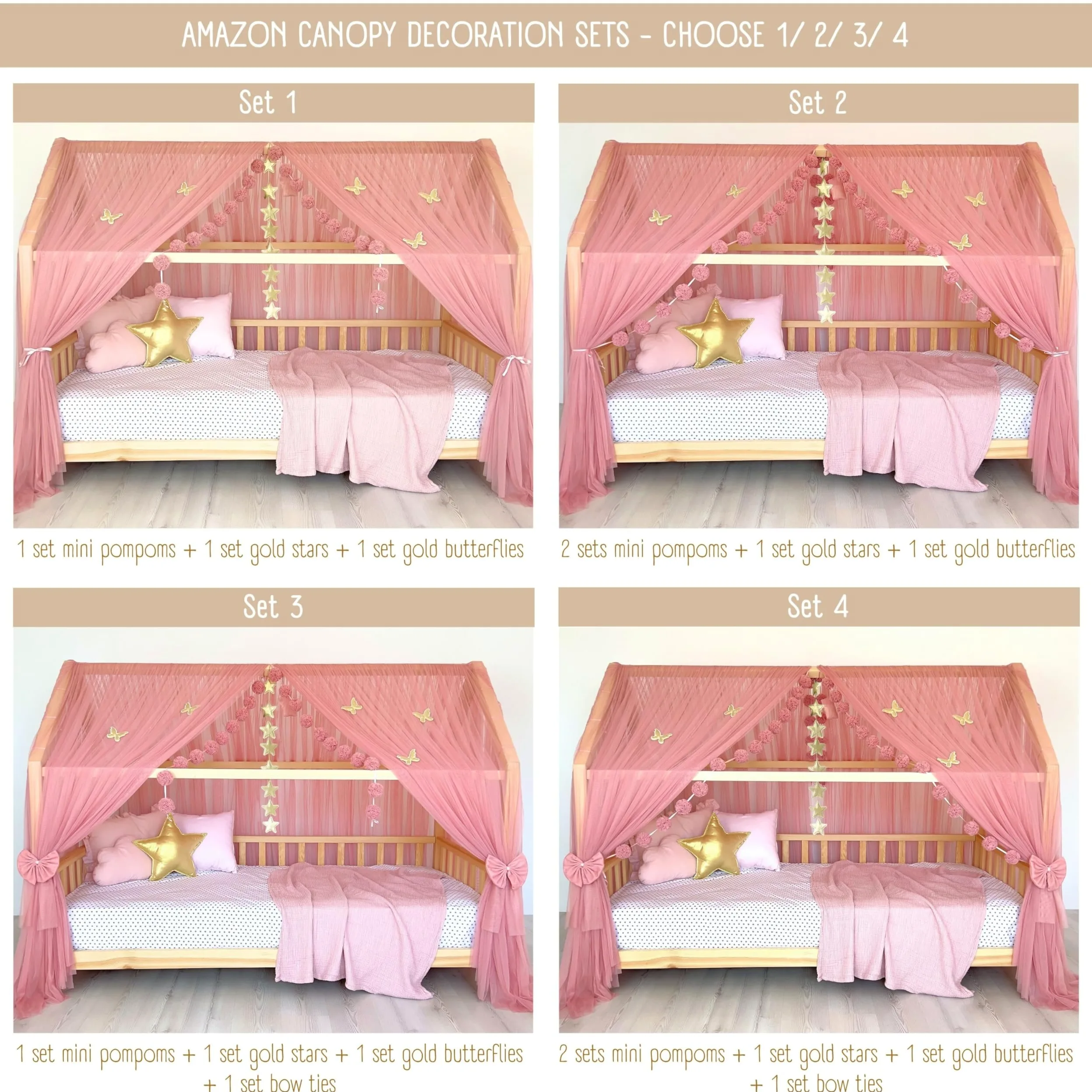 Tenda a baldacchino per letto della cameretta dei bambini, decorazione per letto montessori, tenda da gioco in morbido tulle per i più piccoli (Baby lilla, 460 cm, set da 3)