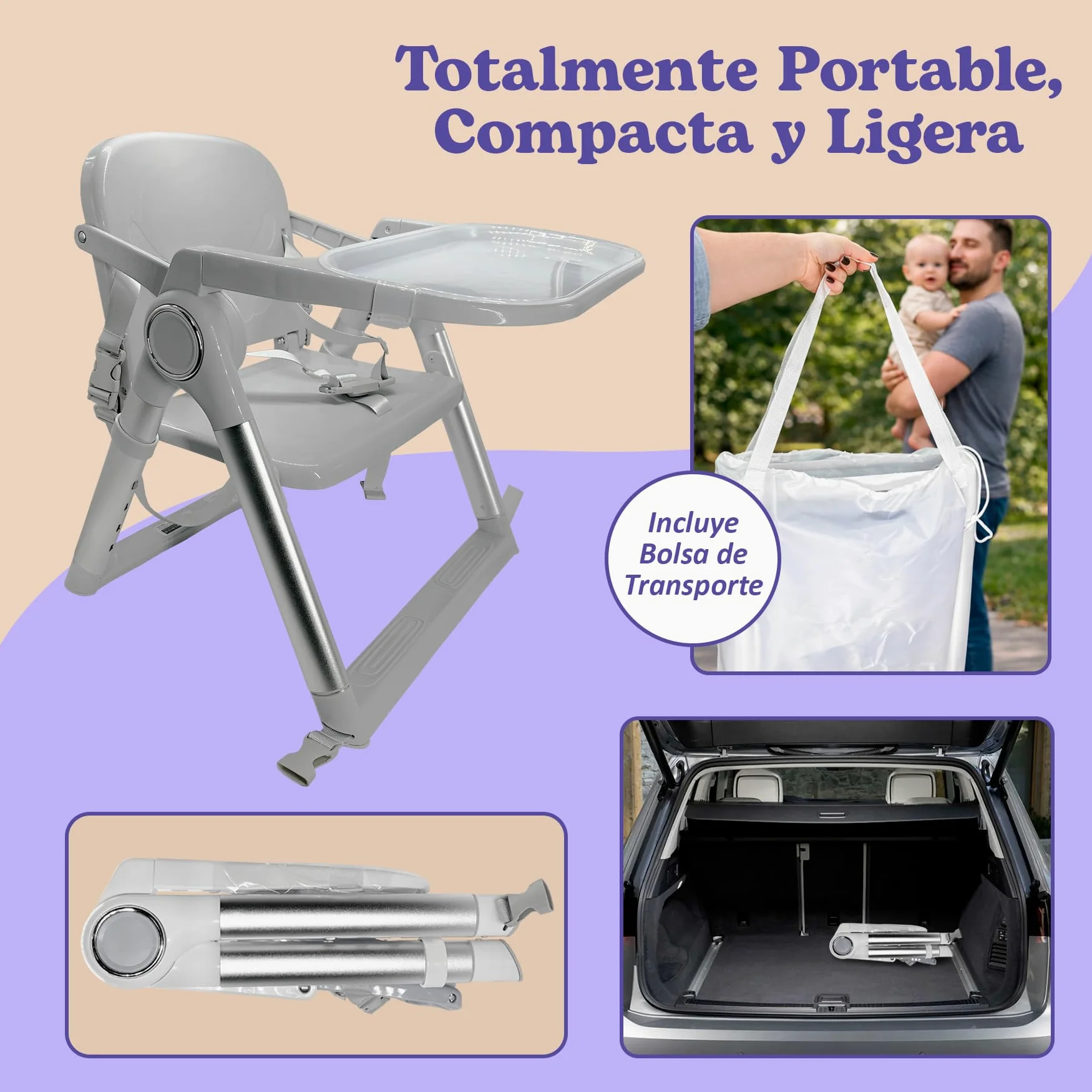 Seggiolone Pappa Bambino Portatile Pieghevole 2 in 1, Rialzo Sedia con Cinghie di Fissaggio, 4 Altezze Regolabili, Vassoio Rimovibile, Borsa da Trasporto, 6-36 Mesi fino a 15 kg (Grigio + Argento)