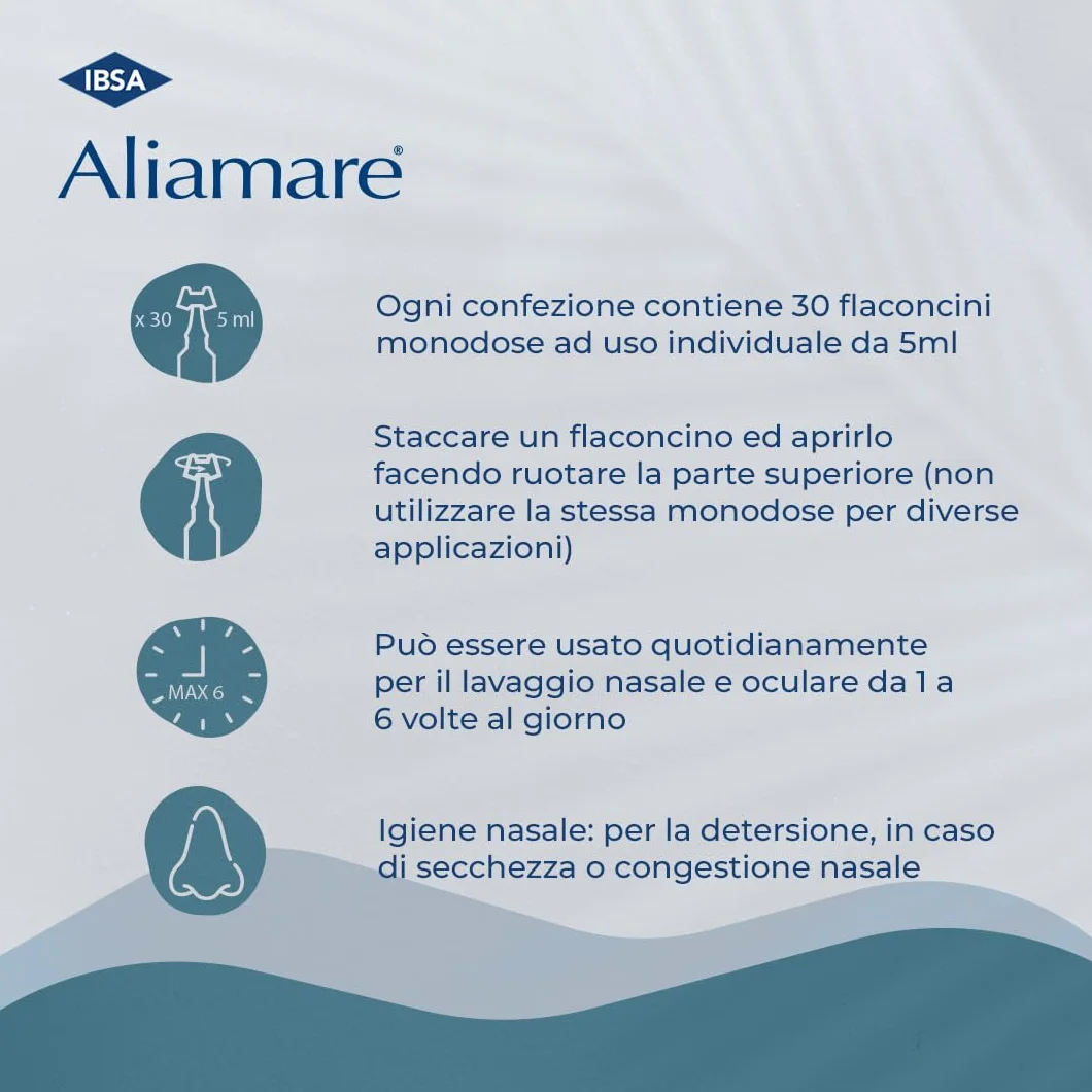 IBSA Aliamare - 30 flaconcini monodose | Soluzione fisiologica, sterile, indicata per l'igiene e l’aerosolterapia. Per adulti e bambini, anche neonati