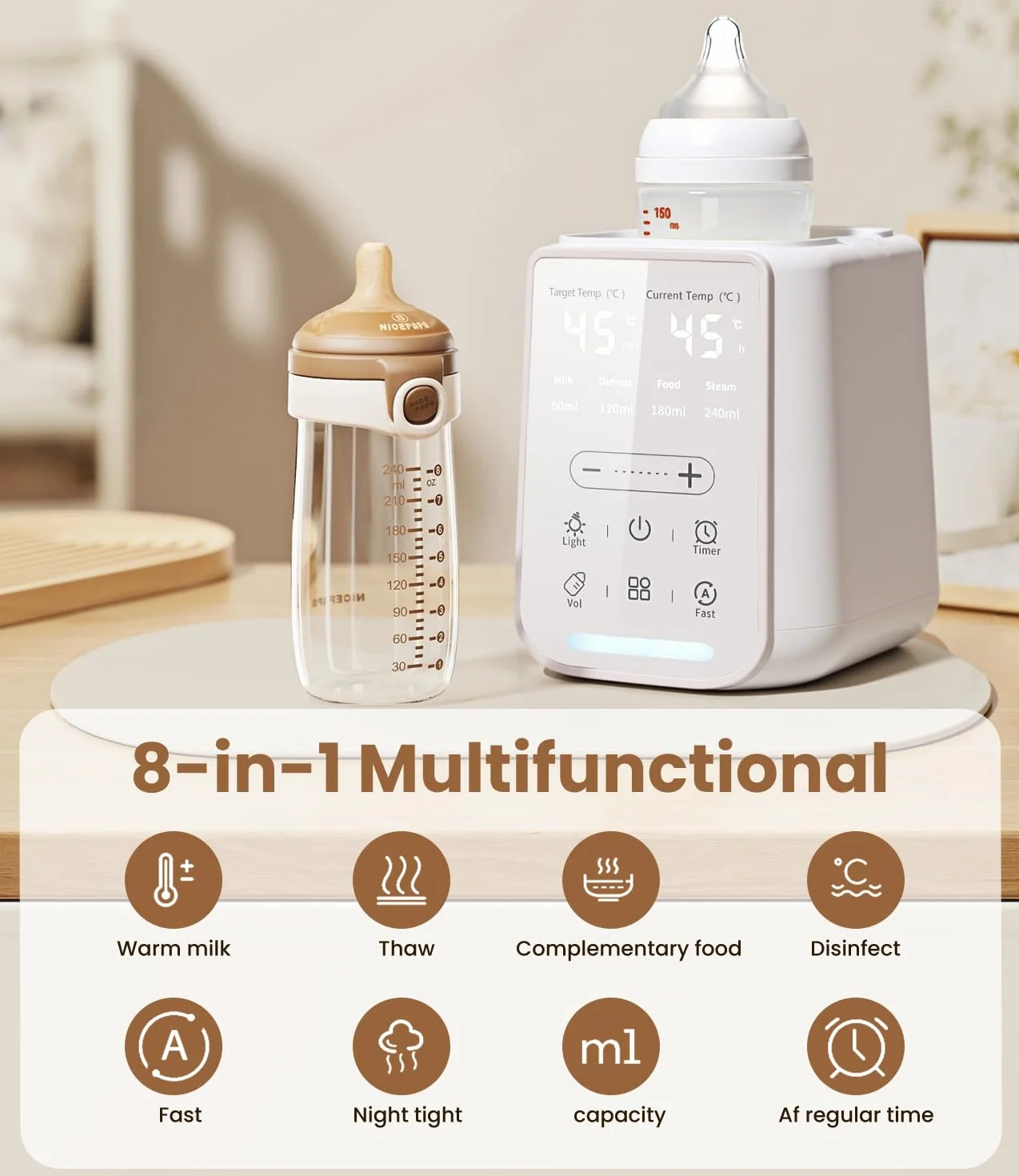 Scaldabiberon Portatile 8-in-1, Sterilizzatore e Scaldapappa, Display LCD, Timer, Luce Notturna, Controllo Temperatura, per Casa e Auto