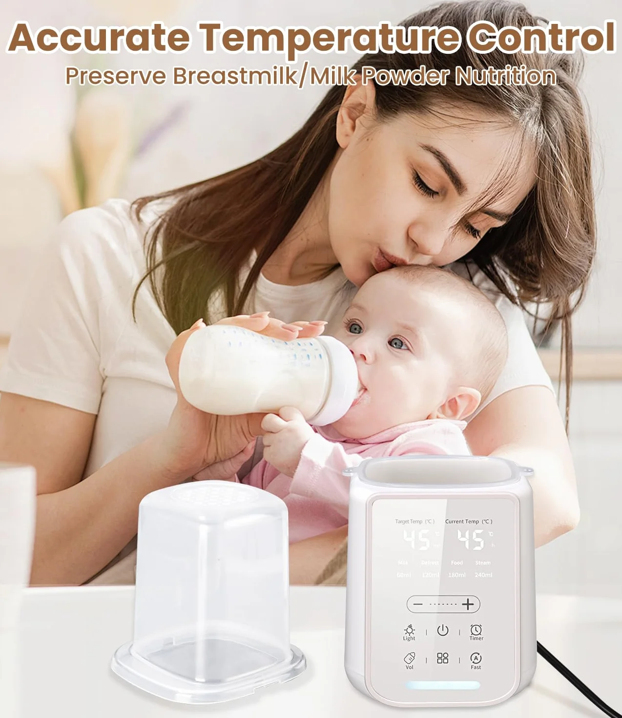 Scaldabiberon Portatile 8-in-1, Sterilizzatore e Scaldapappa, Display LCD, Timer, Luce Notturna, Controllo Temperatura, per Casa e Auto
