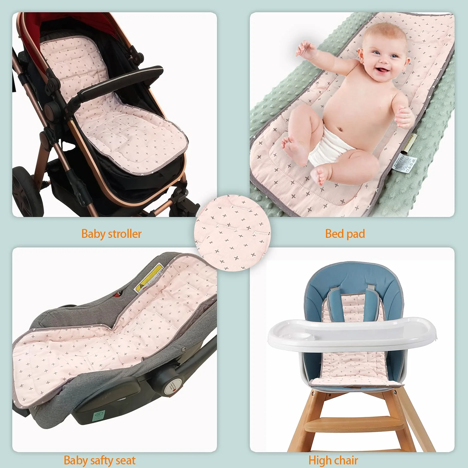 Miracle Baby Riduttore Passeggino Universale Neonato,Copriseduta per Passeggini,Morbido & Reversibile in Puro Cotone Copri Seggiolino Auto,Infant Cuscino Pad (Croce Rosa Grigia)
