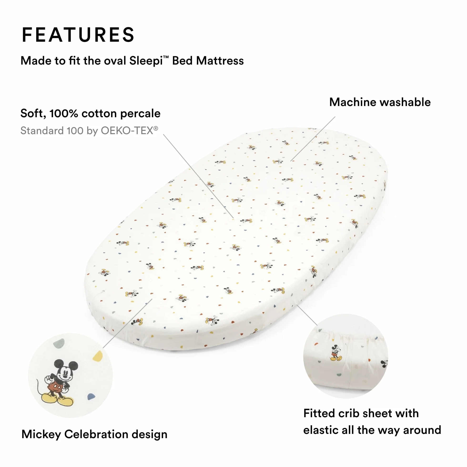 Lenzuolo sotto Stokke Sleepi, Mickey Celebration - Morbide lenzuola per sogni dolcissimi - Creato per Stokke Sleepi Mini & Crib/Bed 100% morbido cotone Percalle - Lavabile in lavatrice