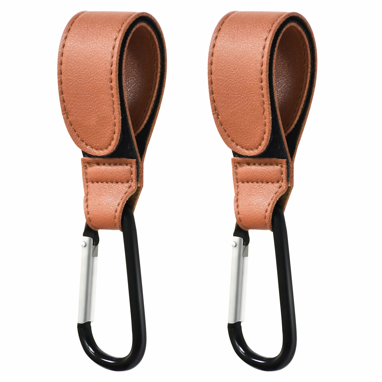 Ganci Passeggino 2 Pezzi, in Pelle, Universale, Moschettoni per Carrozzina, per Borsa Passeggino, Zaini, etc (Marrone)