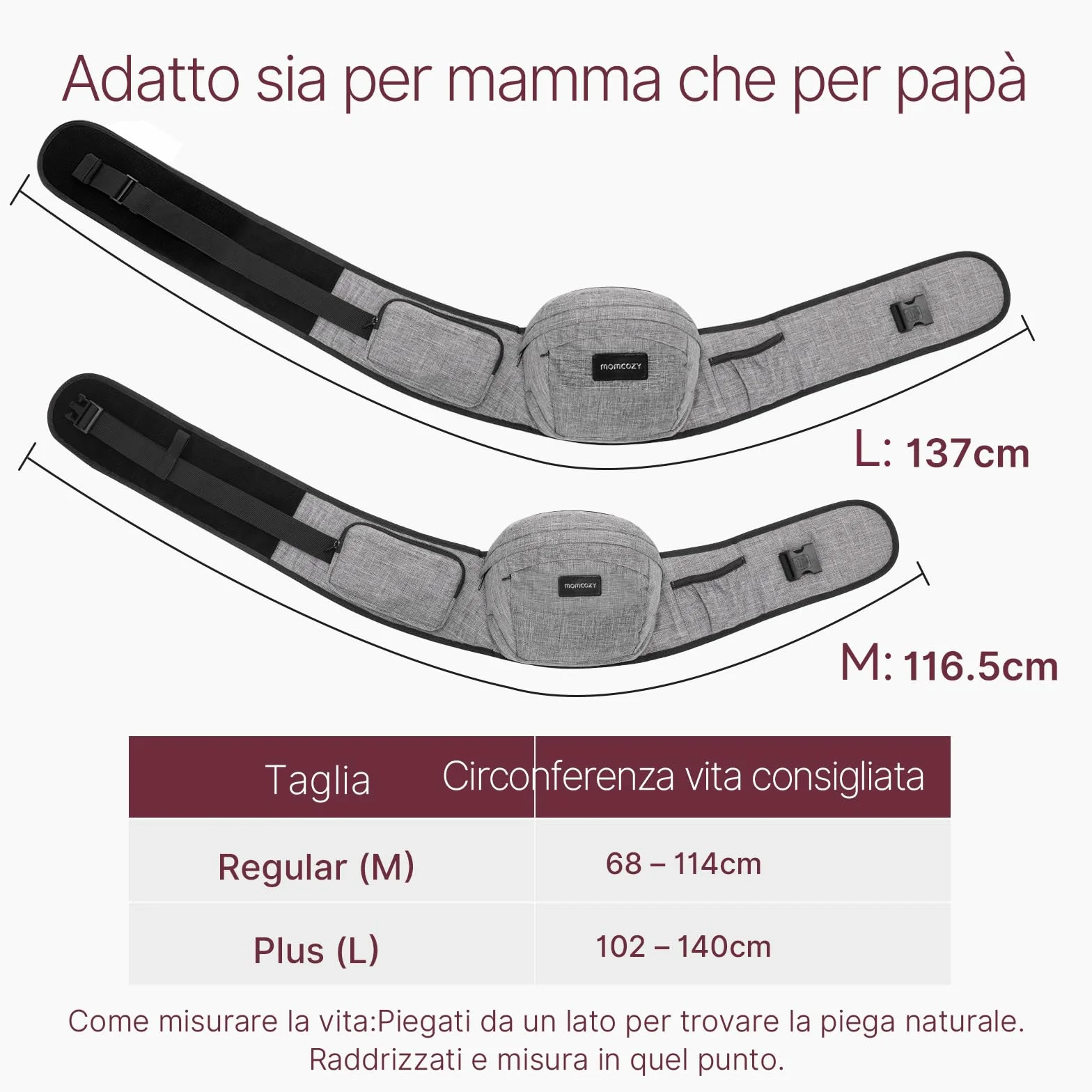 Marsupio per Bambini Momcozy - Cintura Regolabile con Protettore Ventrale 3D Originale, Marsupio Ergonomico con Varie Tasche per Neonati e Bambini fino a 45lbs (Grigio, Medio)