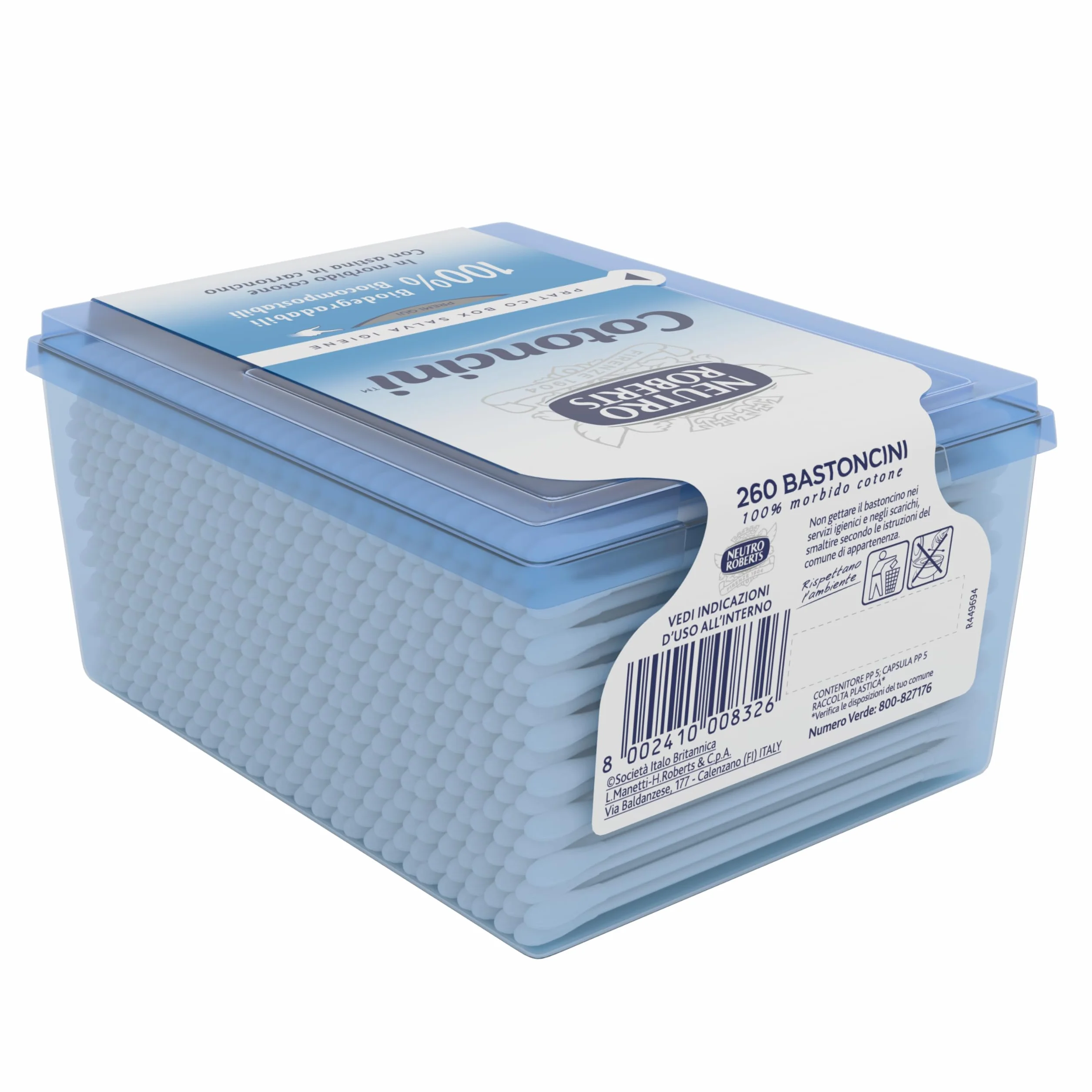 Neutro Roberts - Cotoncini con Box Salva Igiene - Cotton Fioc Morbidi e Biodegradabili con Astina in Cartoncino - Cotoncini con Camomilla, Ideali per Bambini - Confezione da 260 Pezzi