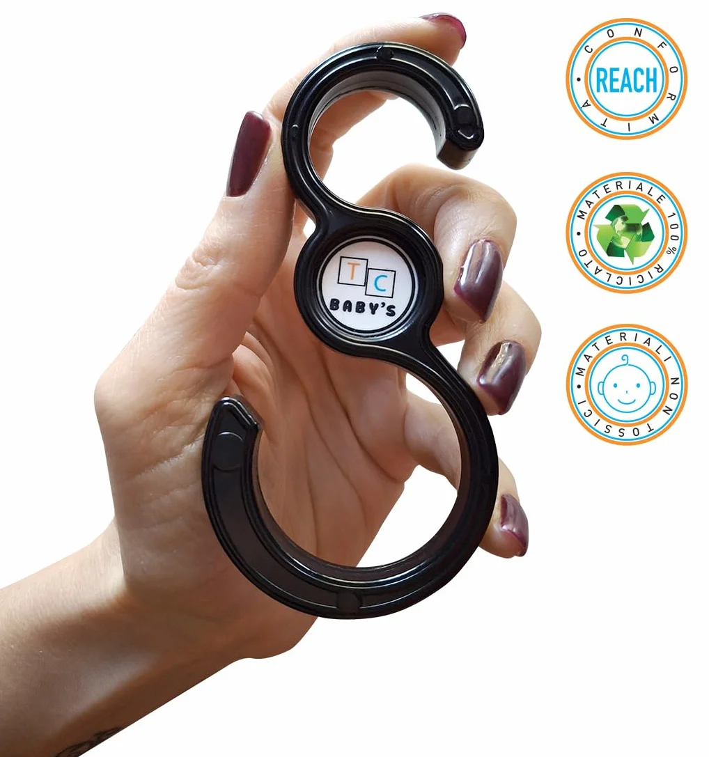 TC BABY'S - Ganci per Passeggino, Accessori Neonato, Porta Borse, Universali, Antiscivolo, Appendi Giochi (Nero)